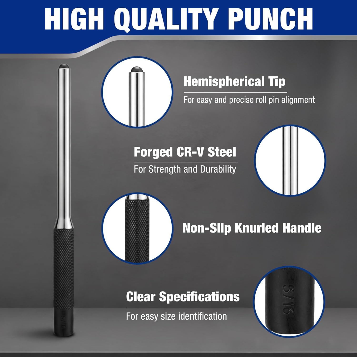 Roll pin punch tool with silver steel shaft and black knurled grip