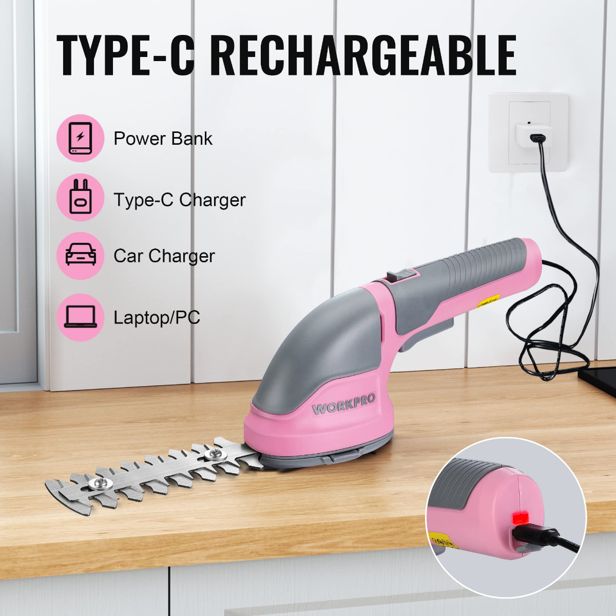 Pink handheld electric trimmer with blade attachment and Type-C charging cable