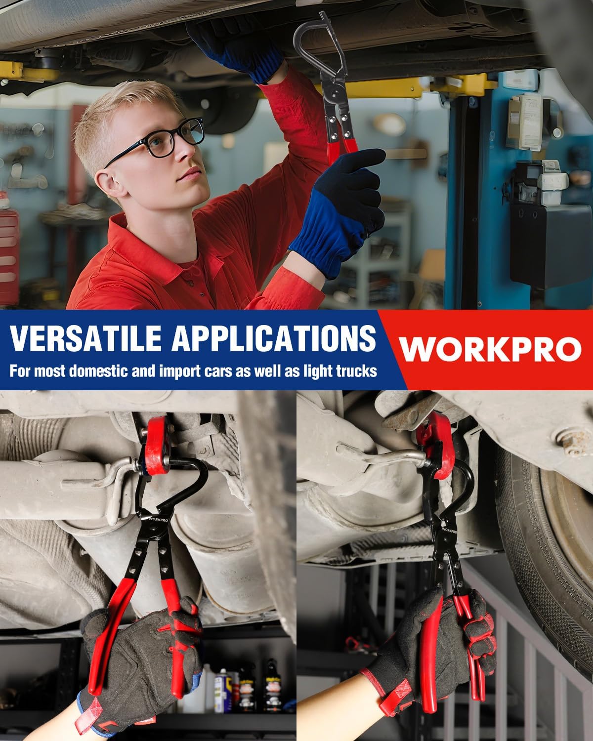 Exhaust hanger removal pliers and red rubber exhaust hangers on a vehicle undercarriage