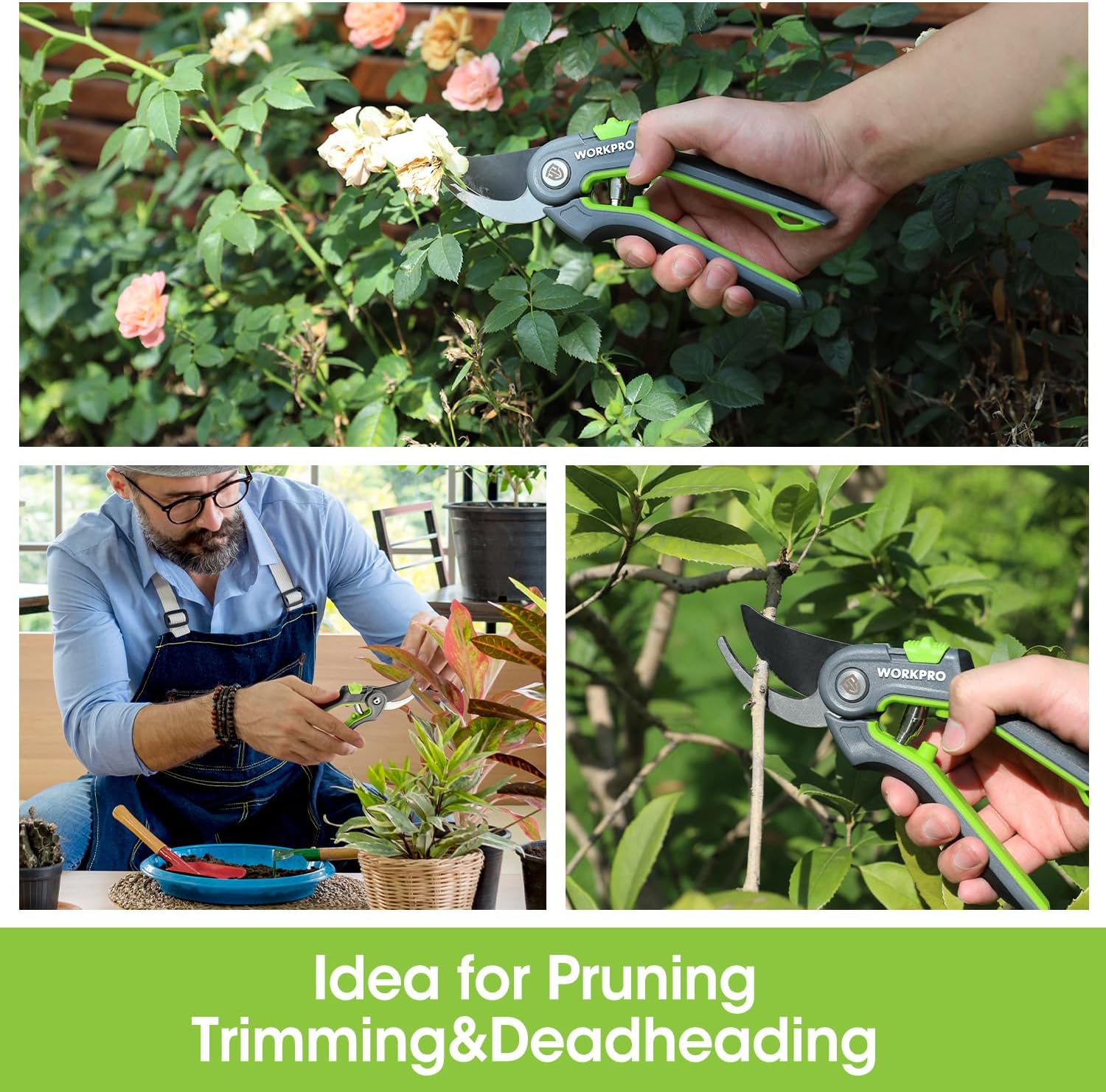 Bypass pruning shears used to trim flowers and plants with green handle