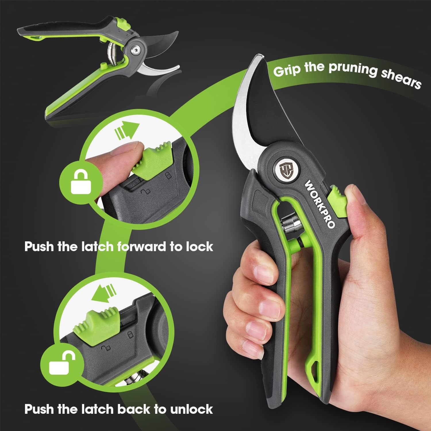 Bypass pruning shears with thumb latch safety lock and textured ergonomic green grip