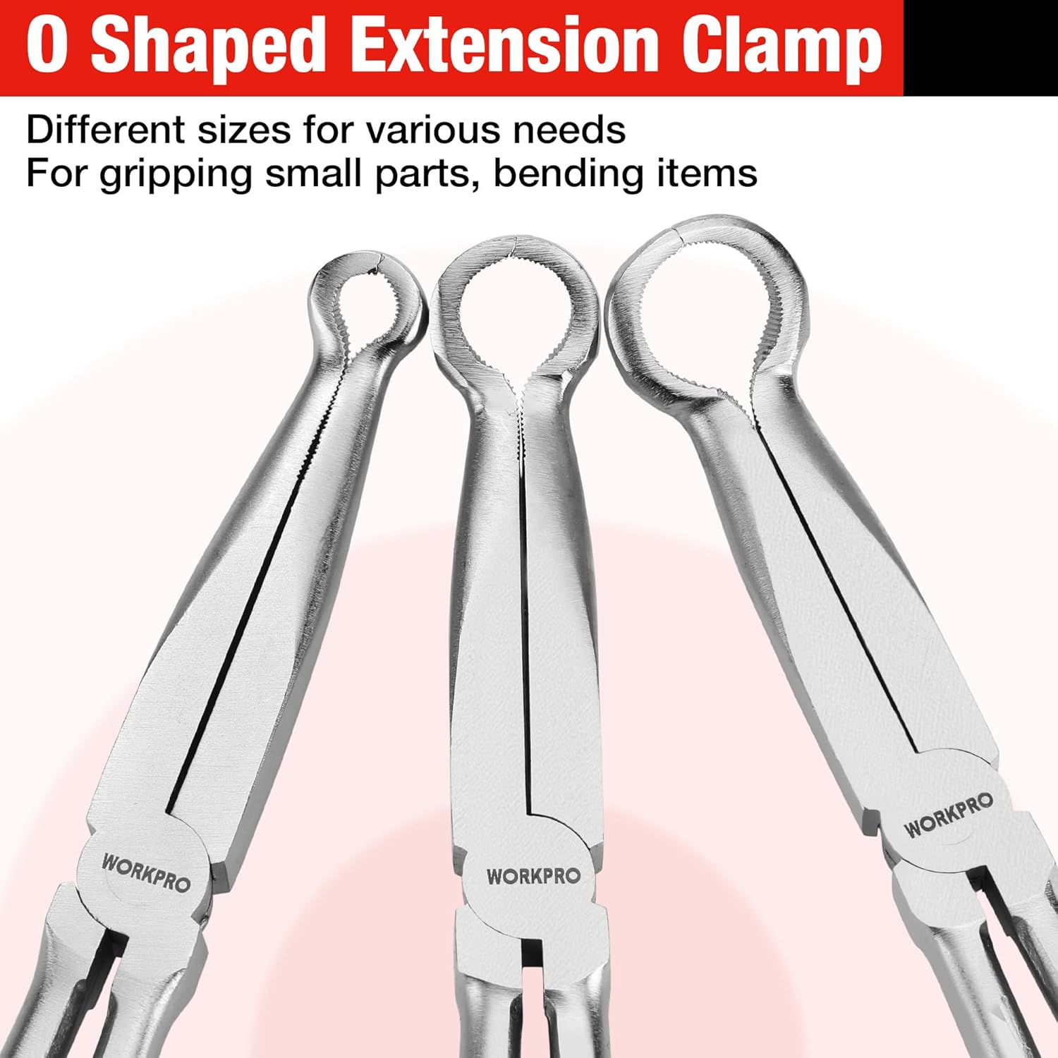 Three O-shaped extension clamp hose gripper pliers, shiny metal jaws, blue accents