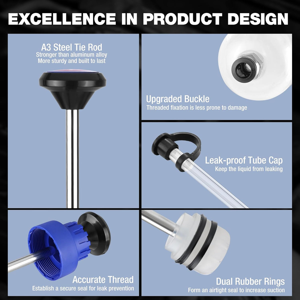 Fluid extractor tube cap and dual rubber rings with threaded metal rod connector diagram
