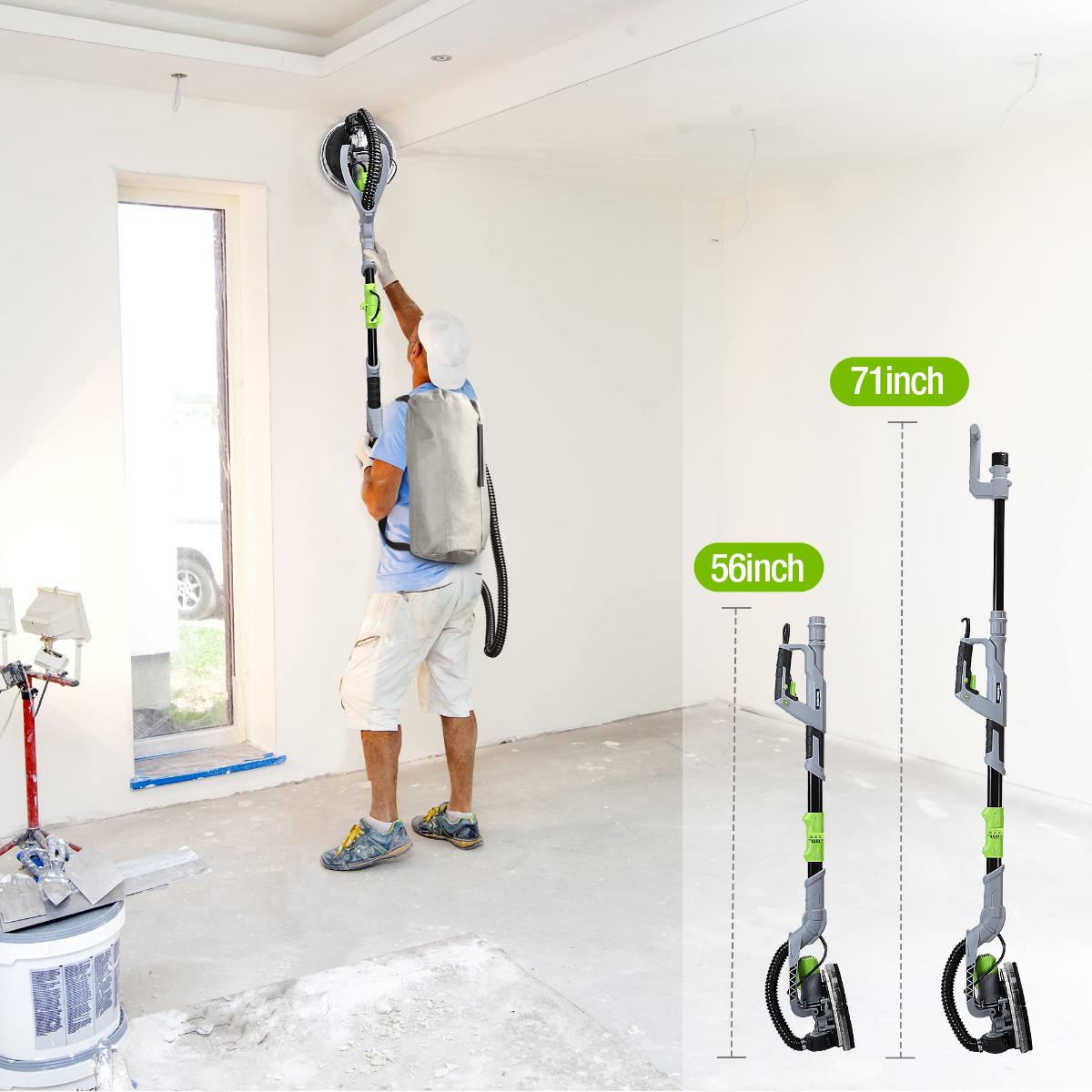 Electric drywall sander with vacuum, gray/green pole and round sanding head