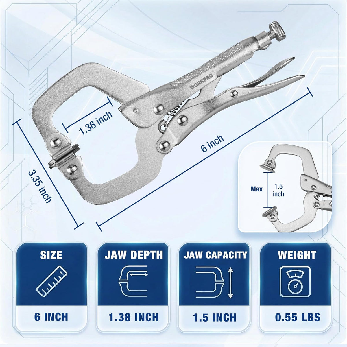 6-inch locking C-clamp pliers with swivel pads and adjustable screw rod, chrome-silver