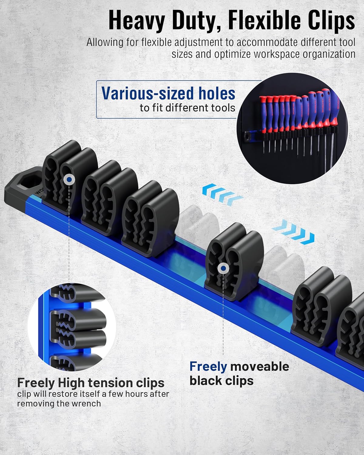 Blue magnetic tool organizer rack with adjustable flexible clips and various-sized holes