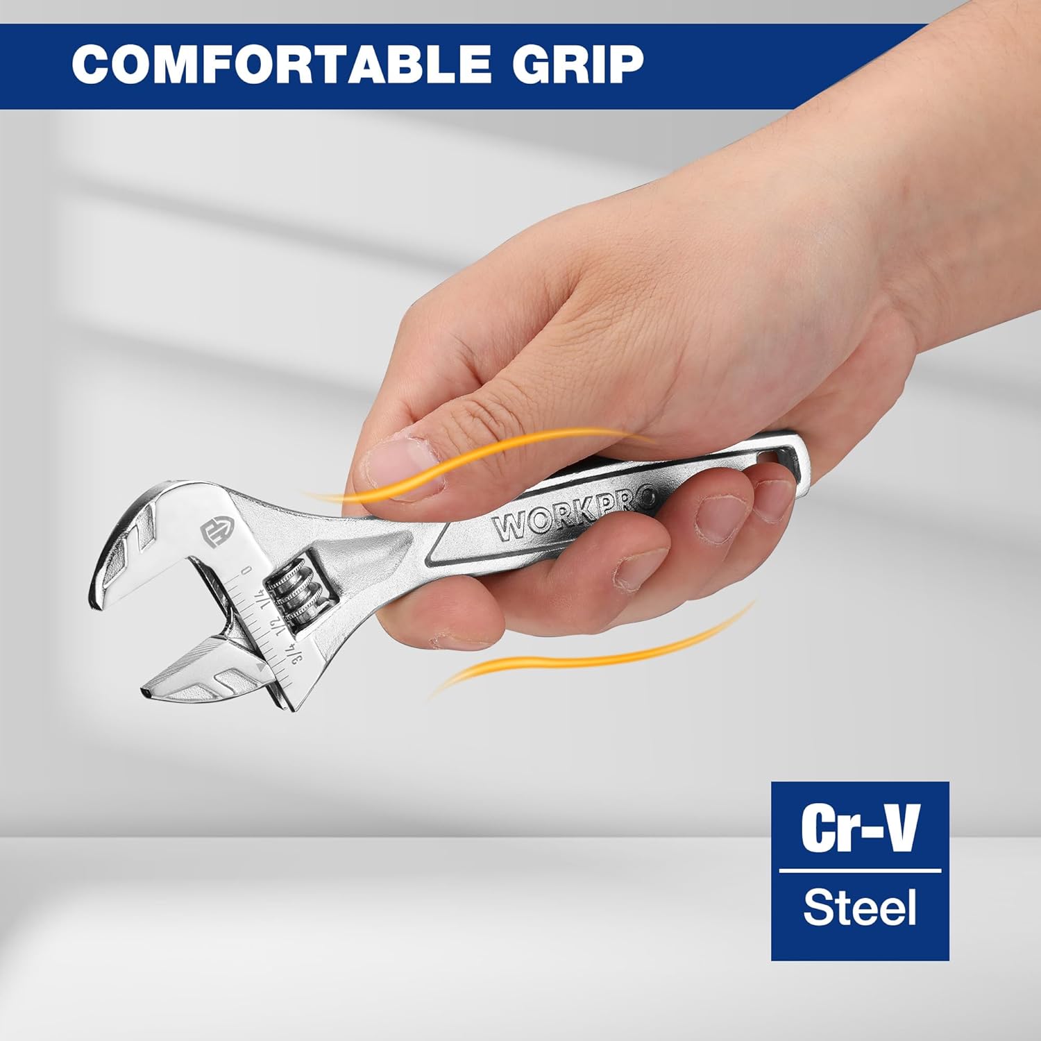 WORKPRO adjustable wrench with chrome finish and open jaws, held in hand