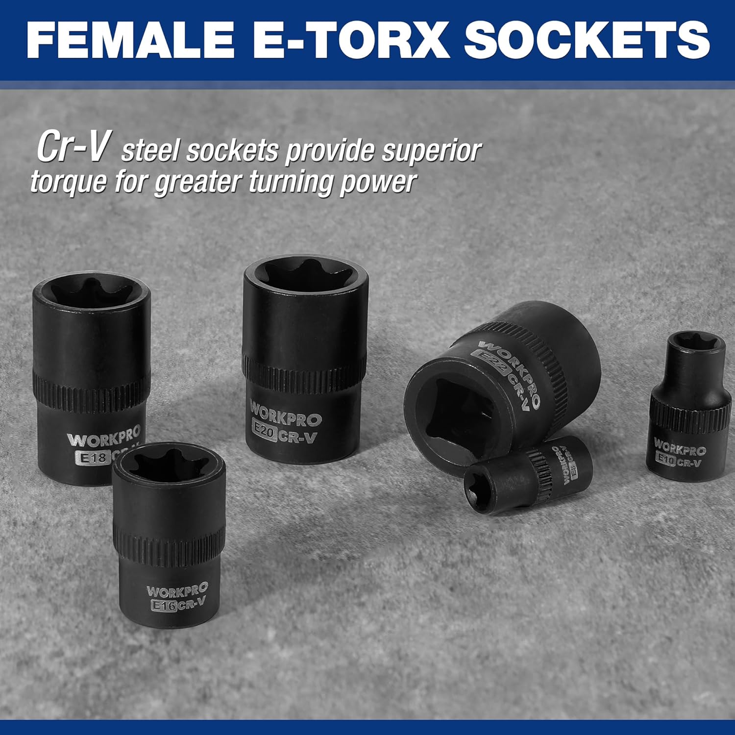 Female E-torx sockets set with multiple black sockets, each marked with E sizes
