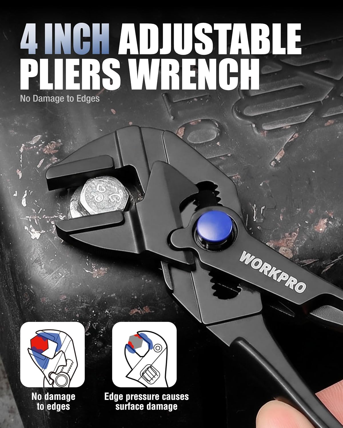 WORKPRO 4-inch adjustable pliers wrench with blue pivot knob