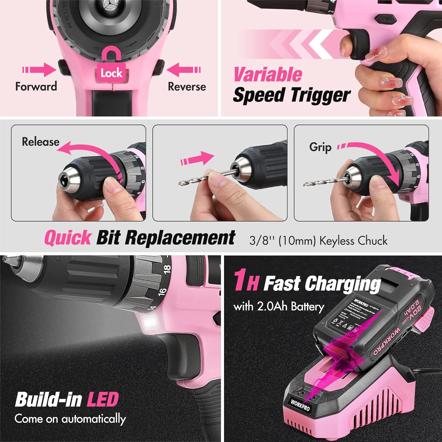 Pink cordless drill driver with variable speed trigger and quick bit replacement chuck
