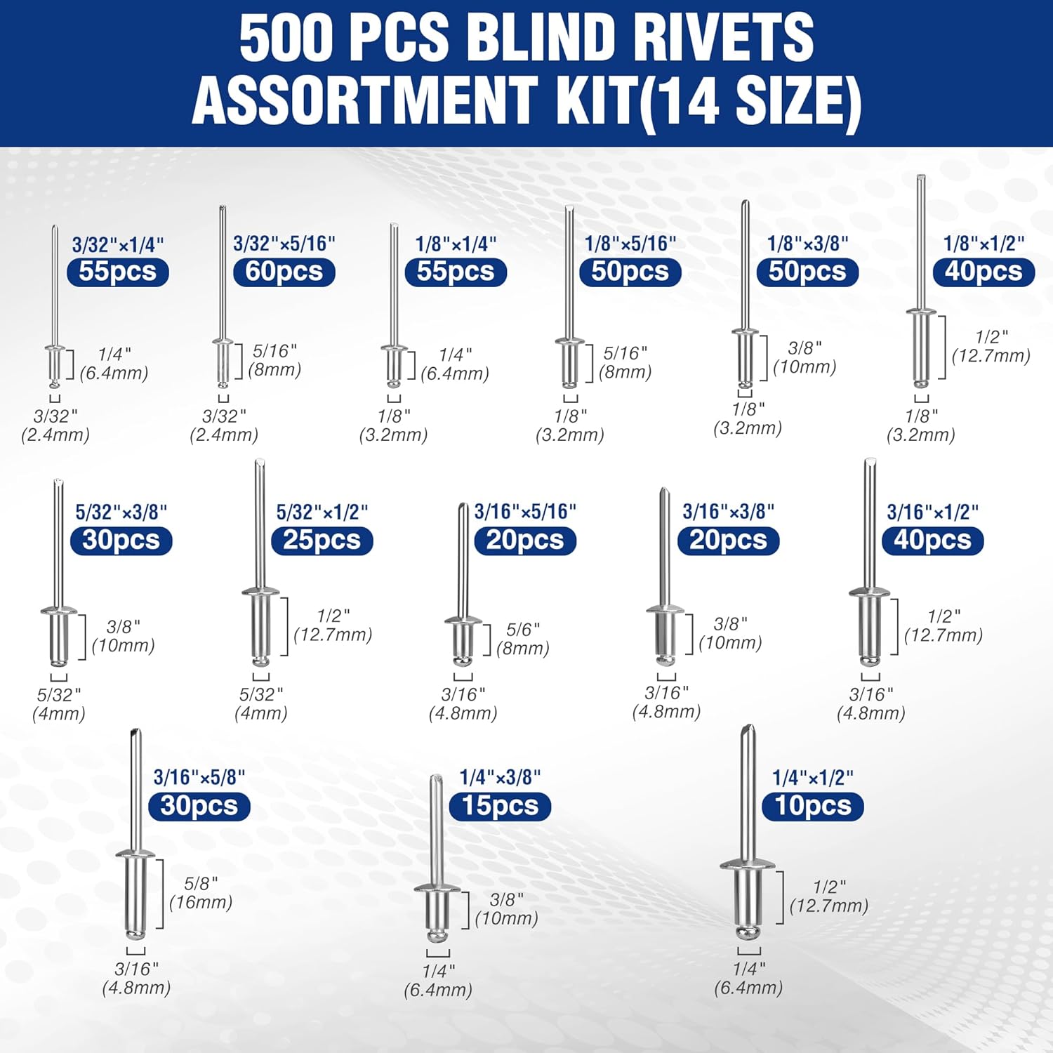 14-size blind rivet assortment kit, 500 silver aluminum rivets, assorted lengths