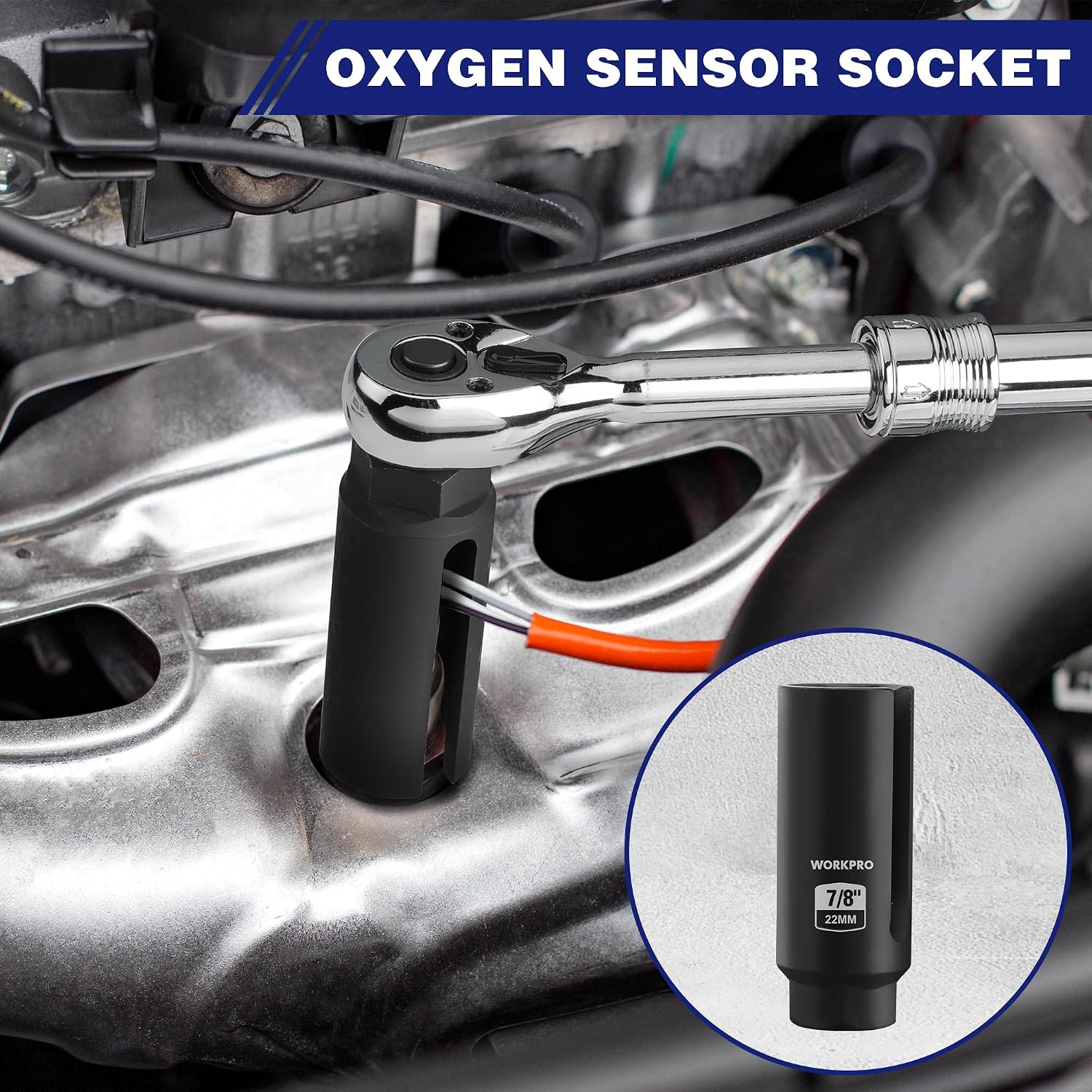 Oxygen sensor socket with chrome ratchet handle and black 7/8 in insert