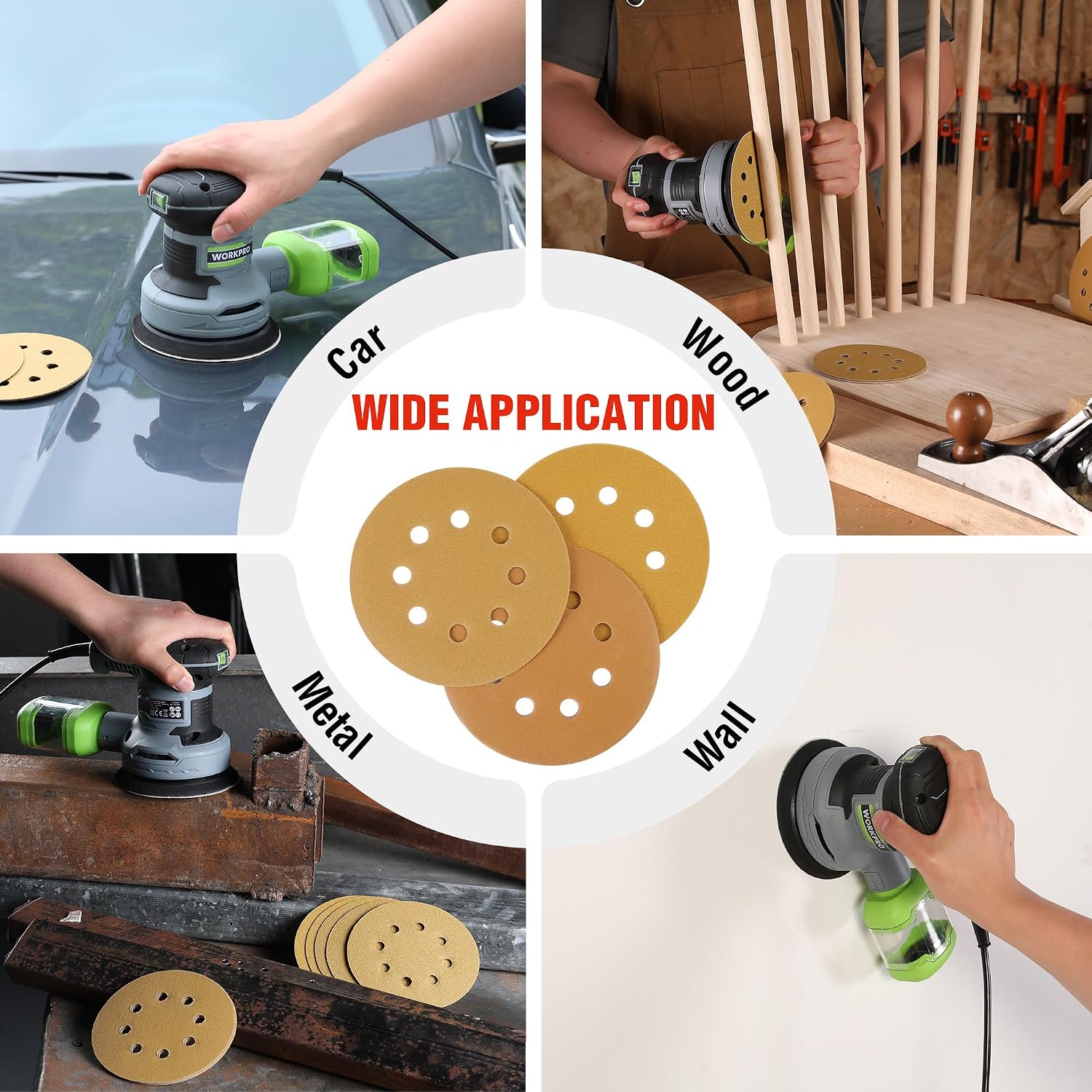 Gold perforated hook-and-loop sanding discs for multi-surface sanding