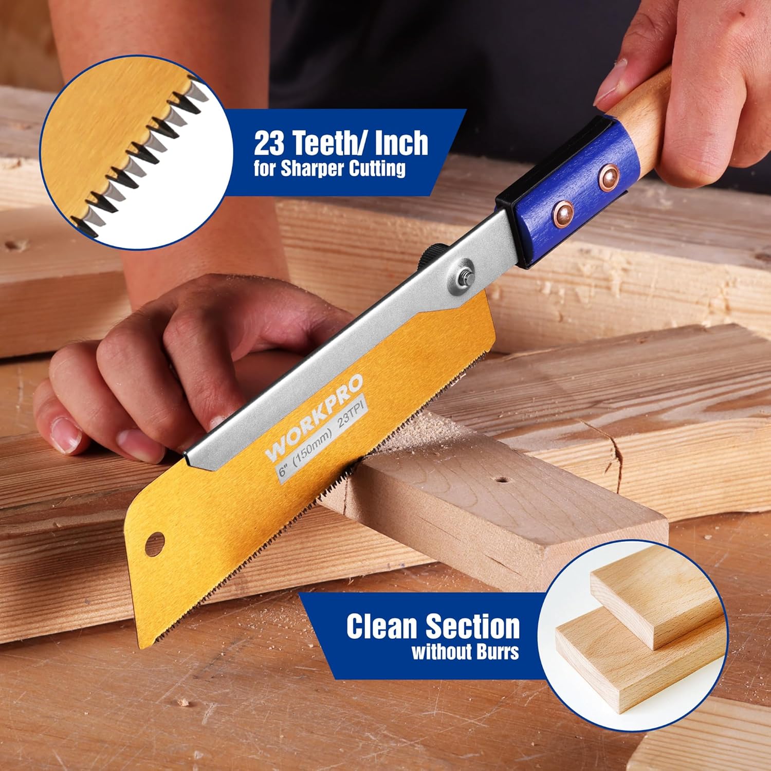 Japanese pull saw cutting through wood with blue handle and yellow blade