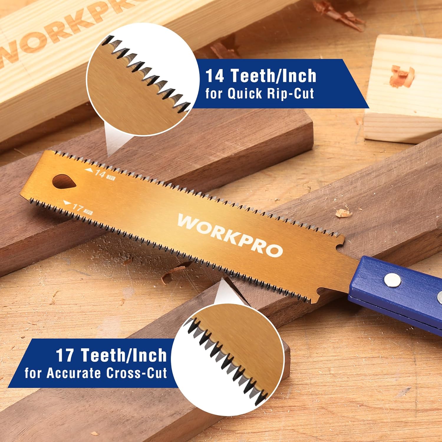 WORKPRO Japanese pull saw blade showing 14 teeth/in for rip-cut and 17 teeth/in