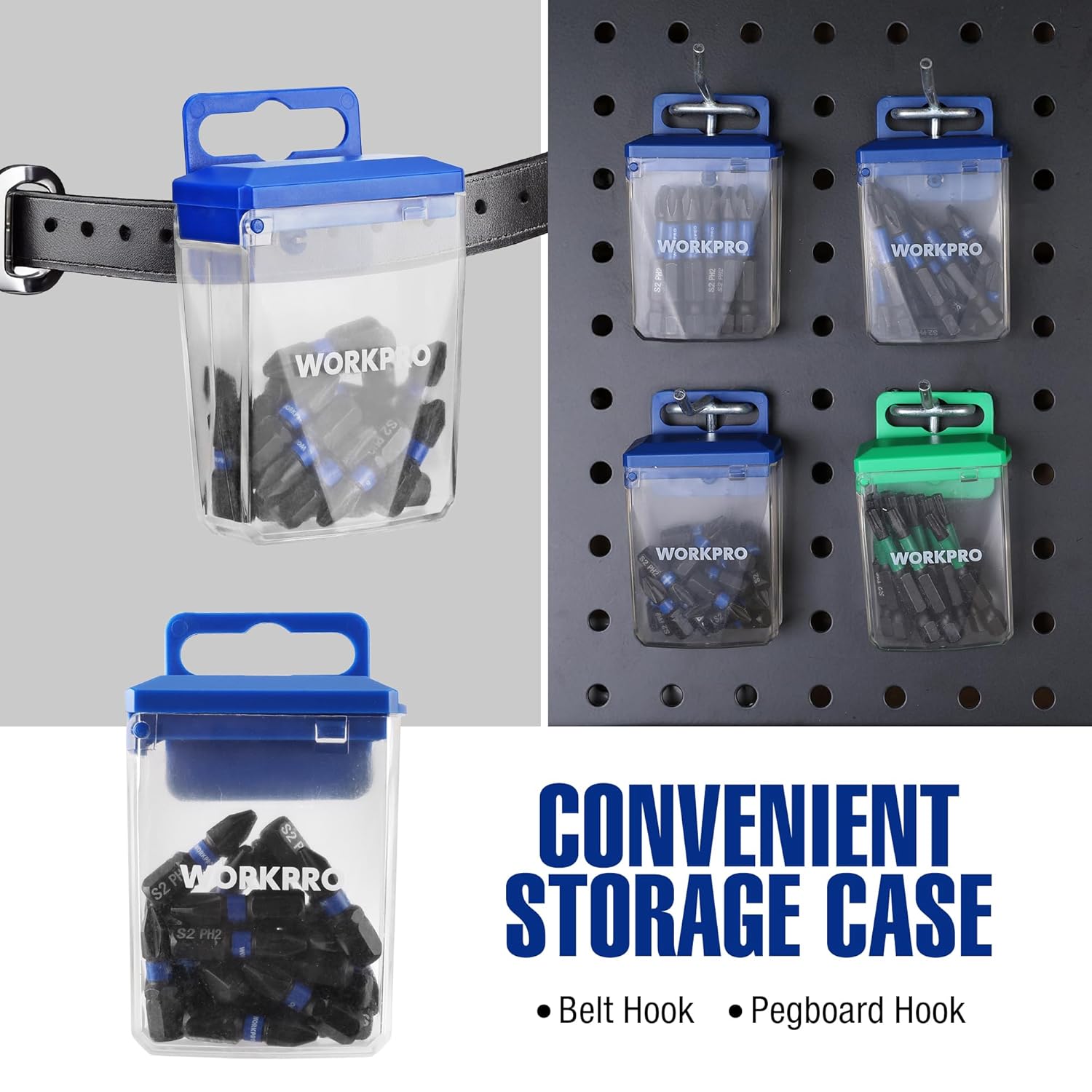 Storage case with belt and pegboard hooks for PH2 impact screwdriver bits