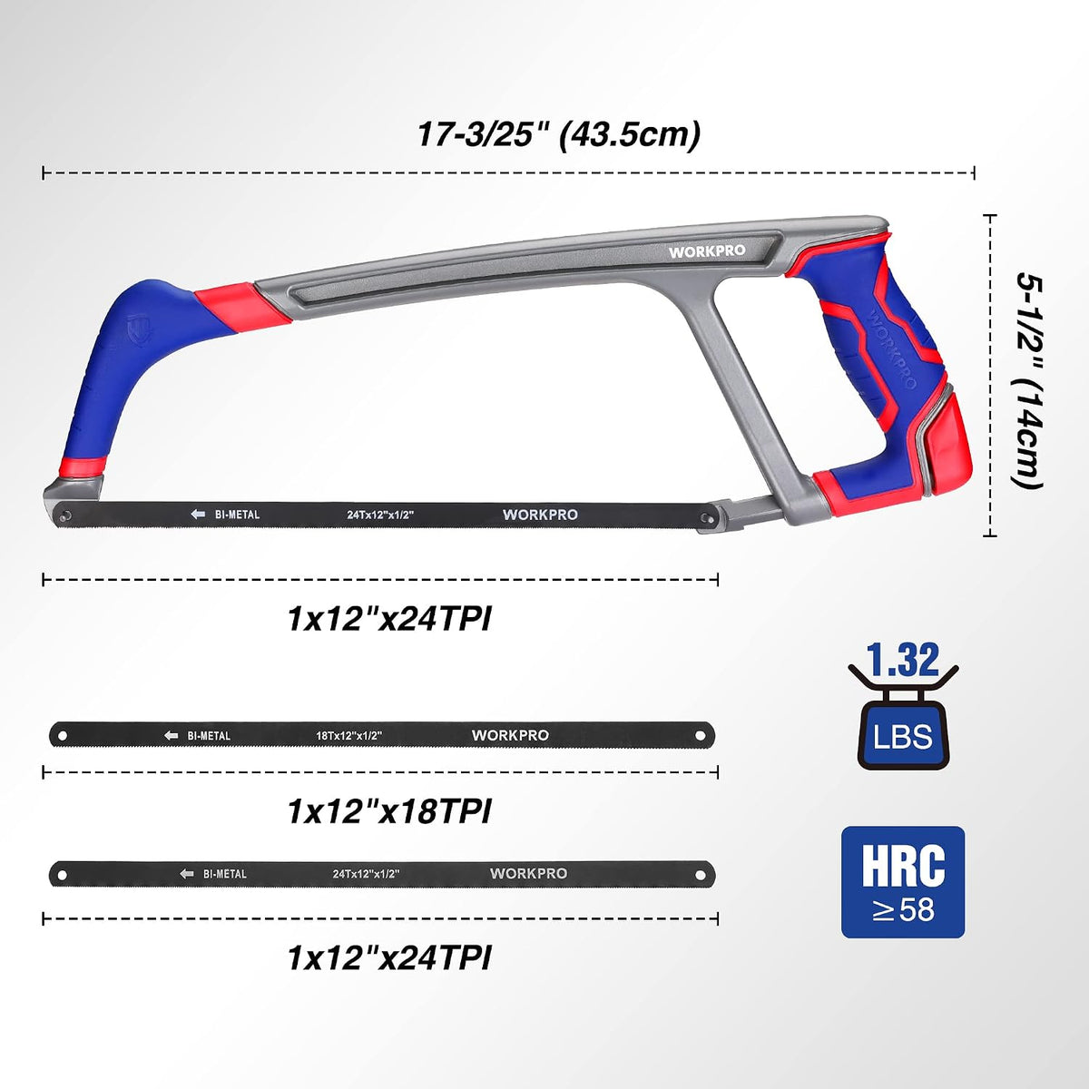 WORKPRO 12-inch Hacksaw with Extra 2 Bi-Metal Saw Blades, Heavy Duty Adjustable 45/90 Angle Saw for Metal, Wood, PVC Pipes