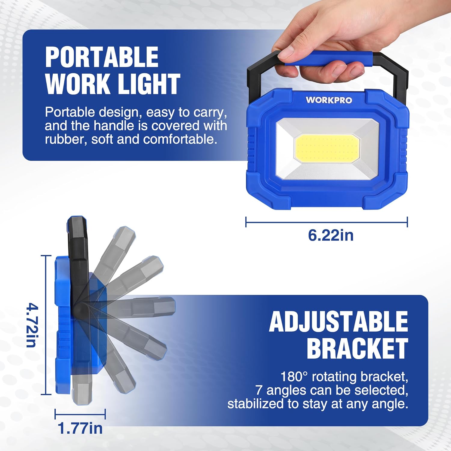 Blue portable rechargeable work light with carry handle and adjustable bracket.