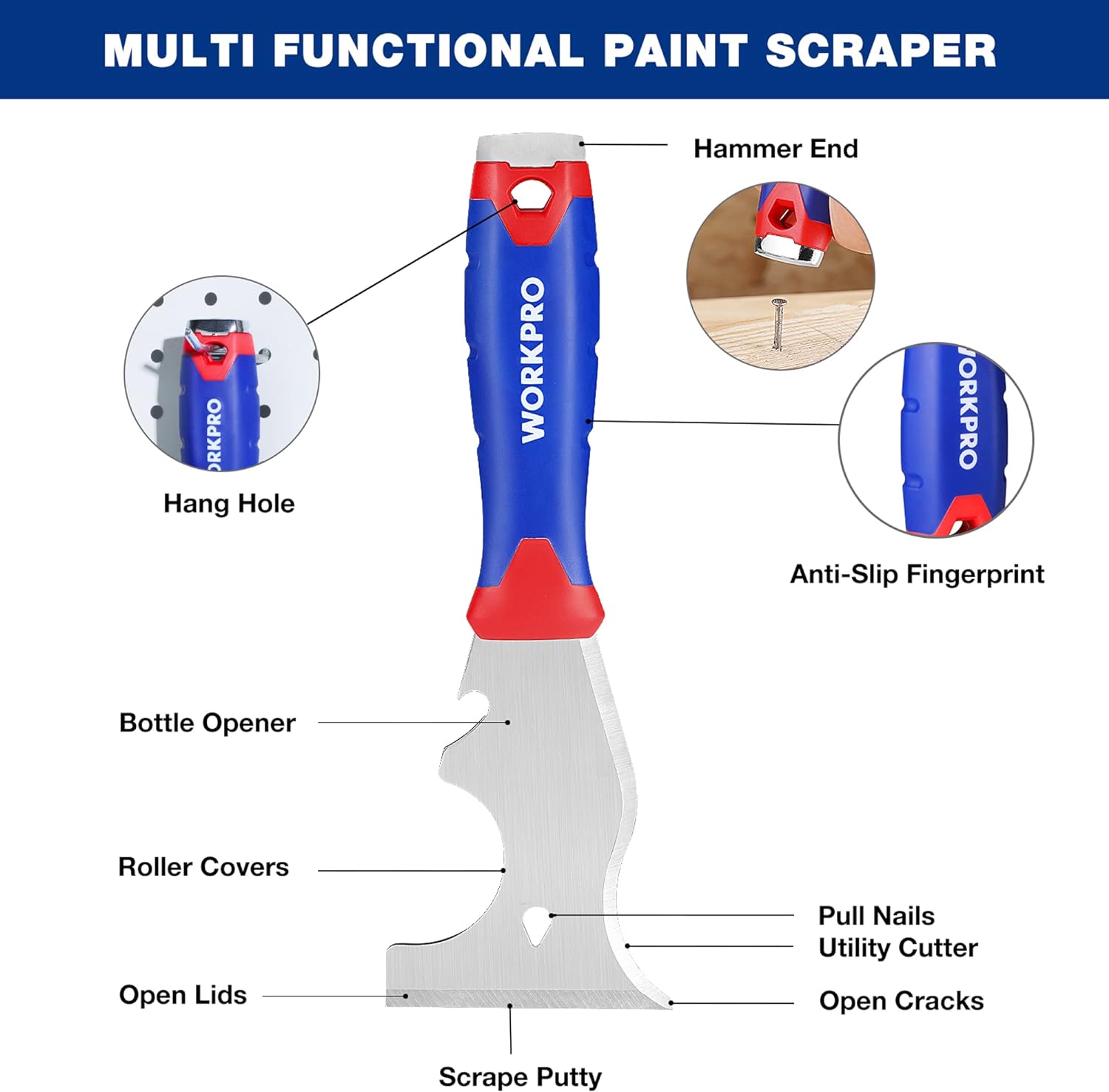 WORKPRO multi-functional paint scraper with hammer end, anti-slip handle, stainless blade