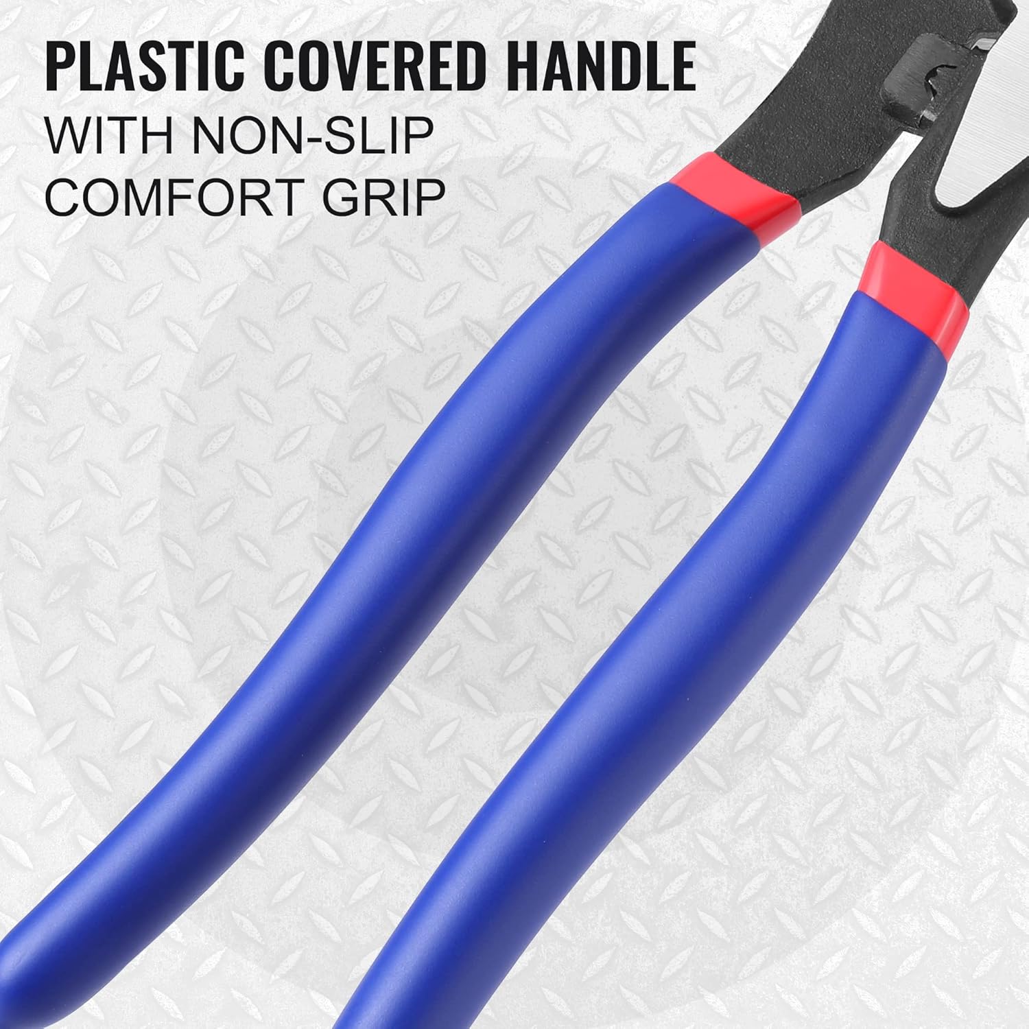 Blue plastic non-slip handle grips with red accents on cable cutter
