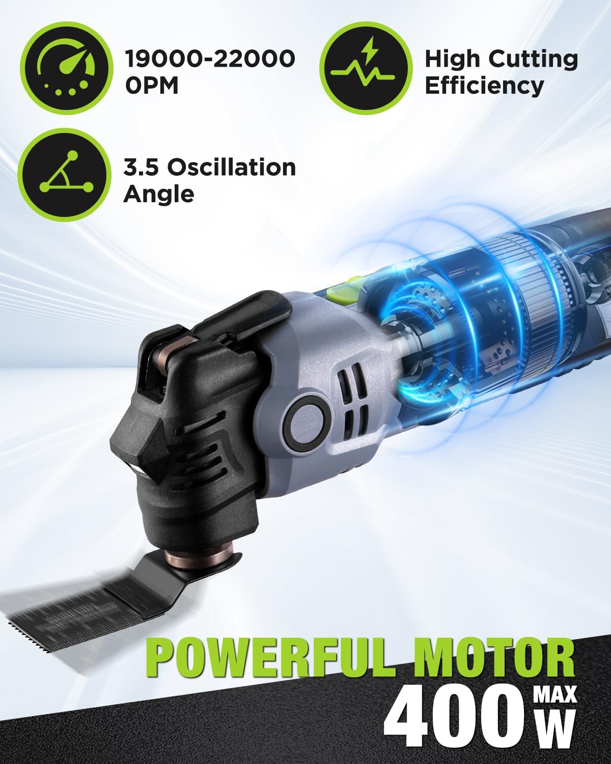 WORKPRO oscillating multi-tool showing 3.5° oscillation and 400W motor