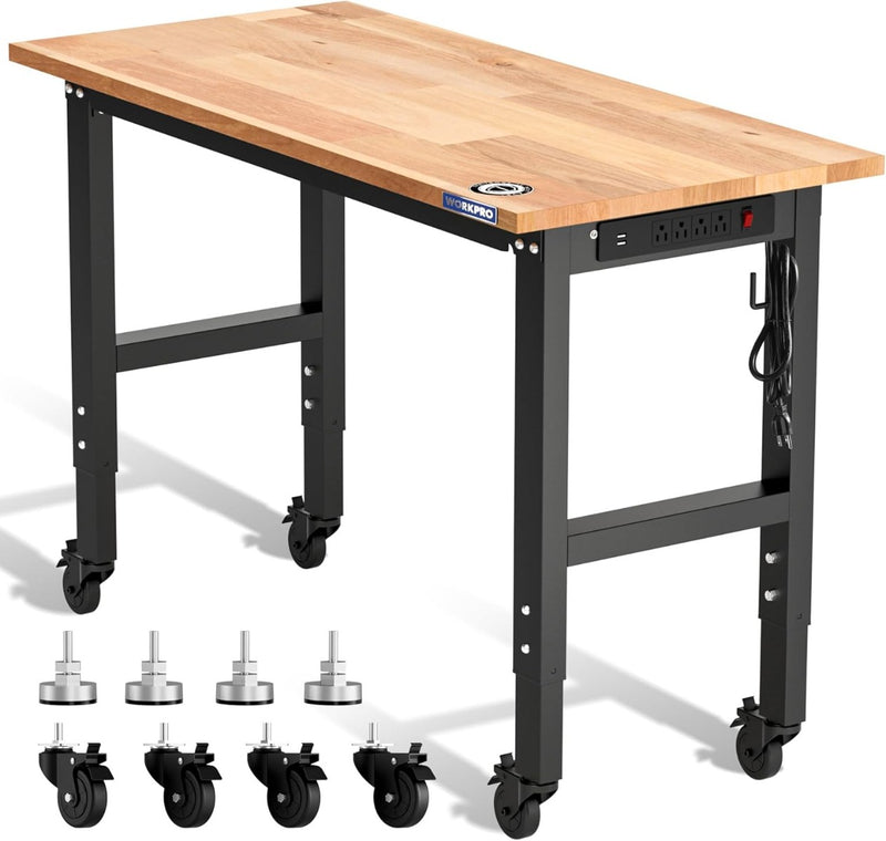 WORKPRO 48"X22" Adjustable Rubber Wood Top Workbench with Casters, Leveling Foot and Power Outlets, 1500 LBS Load Capacity