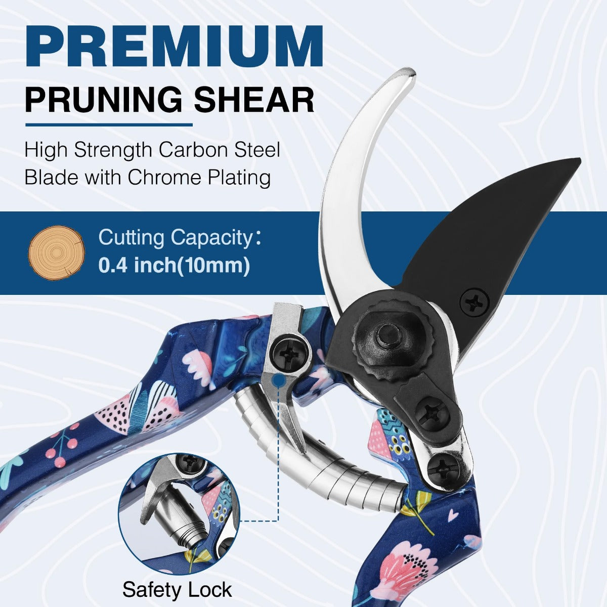 Pruning shears with floral handles and curved black-and-silver blade