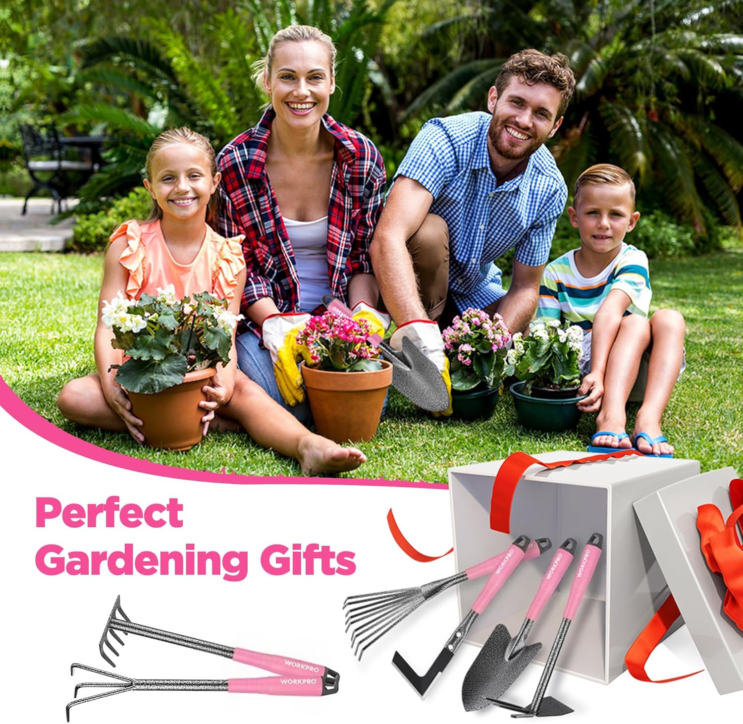 Pink-handled WORKPRO gardening gift set with trowel, rakes, and weeder included