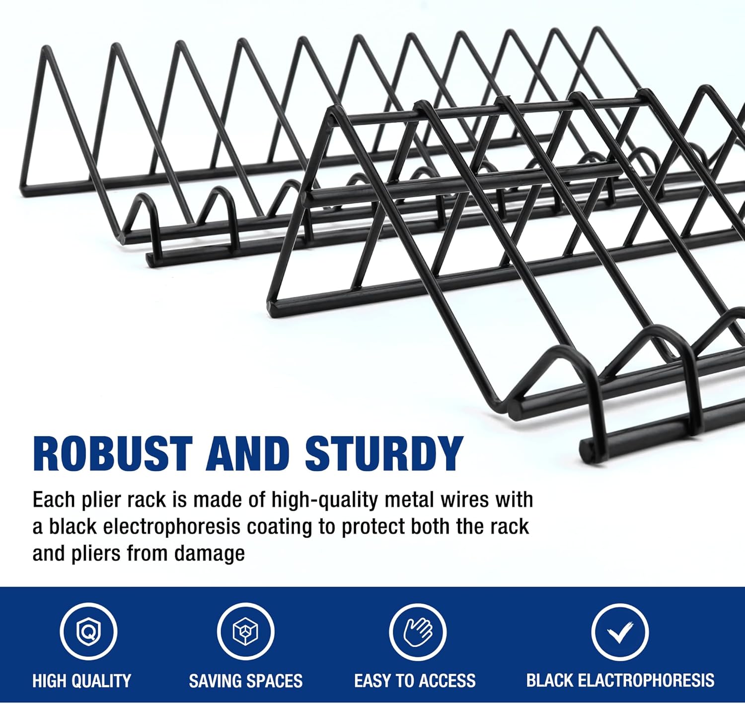 Black metal plier organizer rack with zigzag slot arms and sturdy base