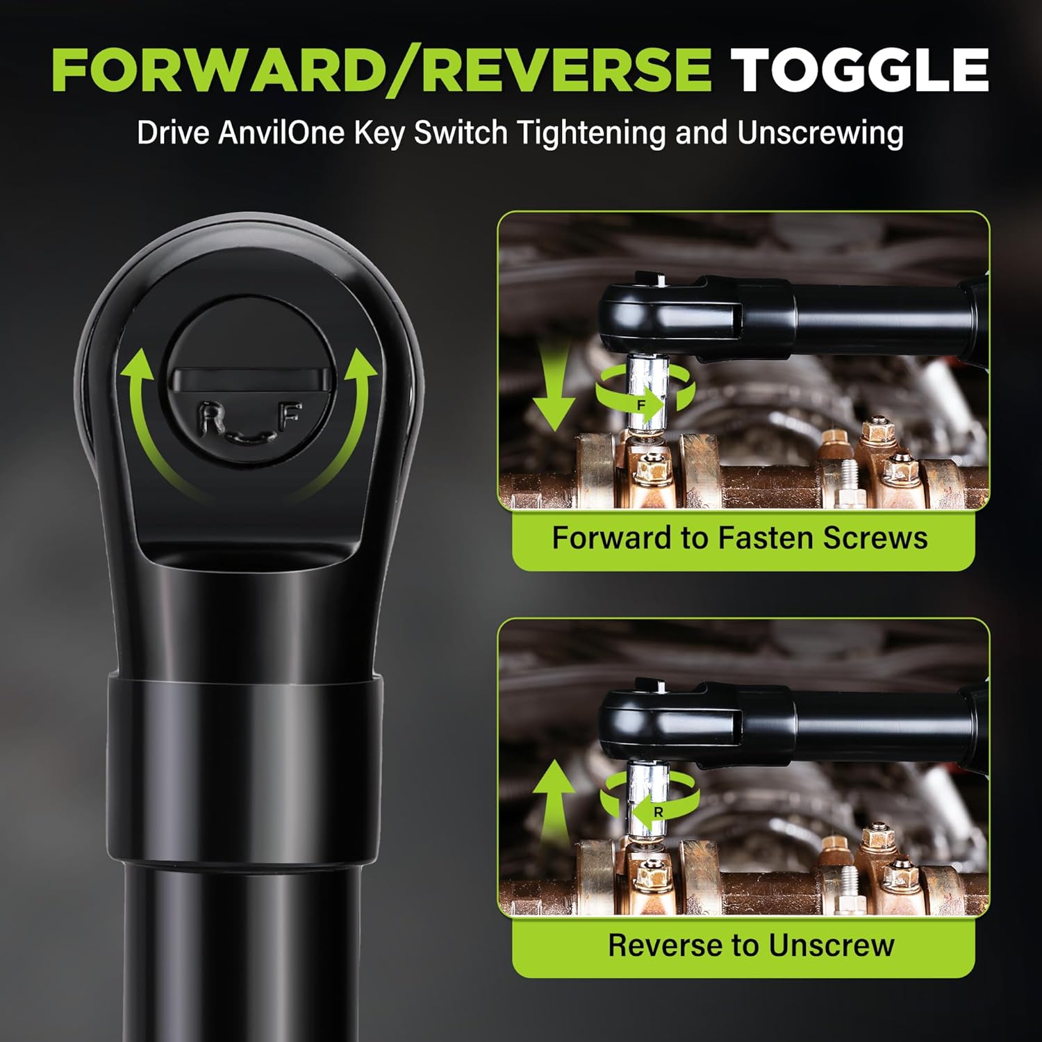 WORKPRO cordless ratchet wrench showing forward and reverse toggle on the drive head