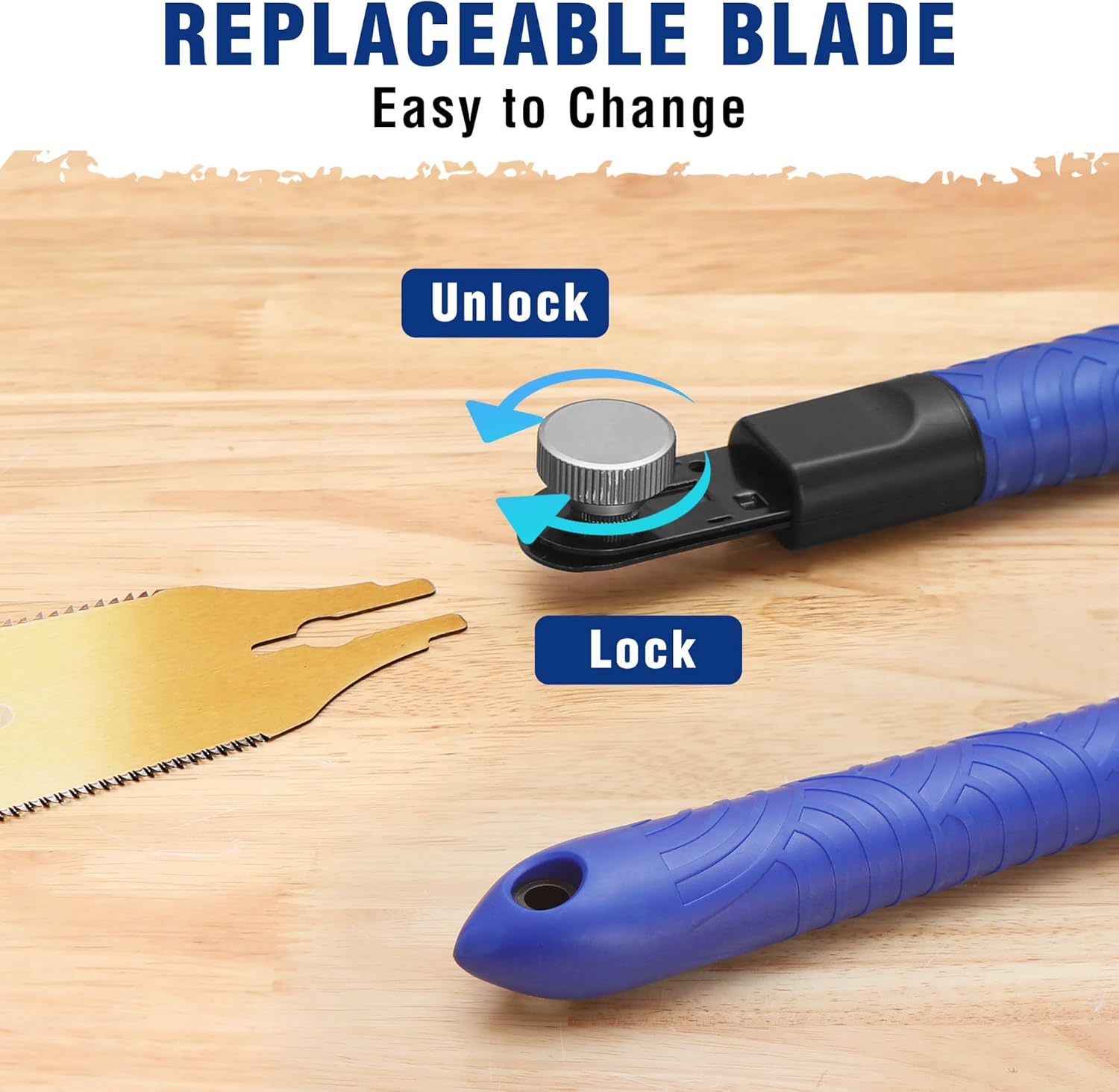 Japanese pull saw with replaceable blade locking collar on blue non-slip TPR handle
