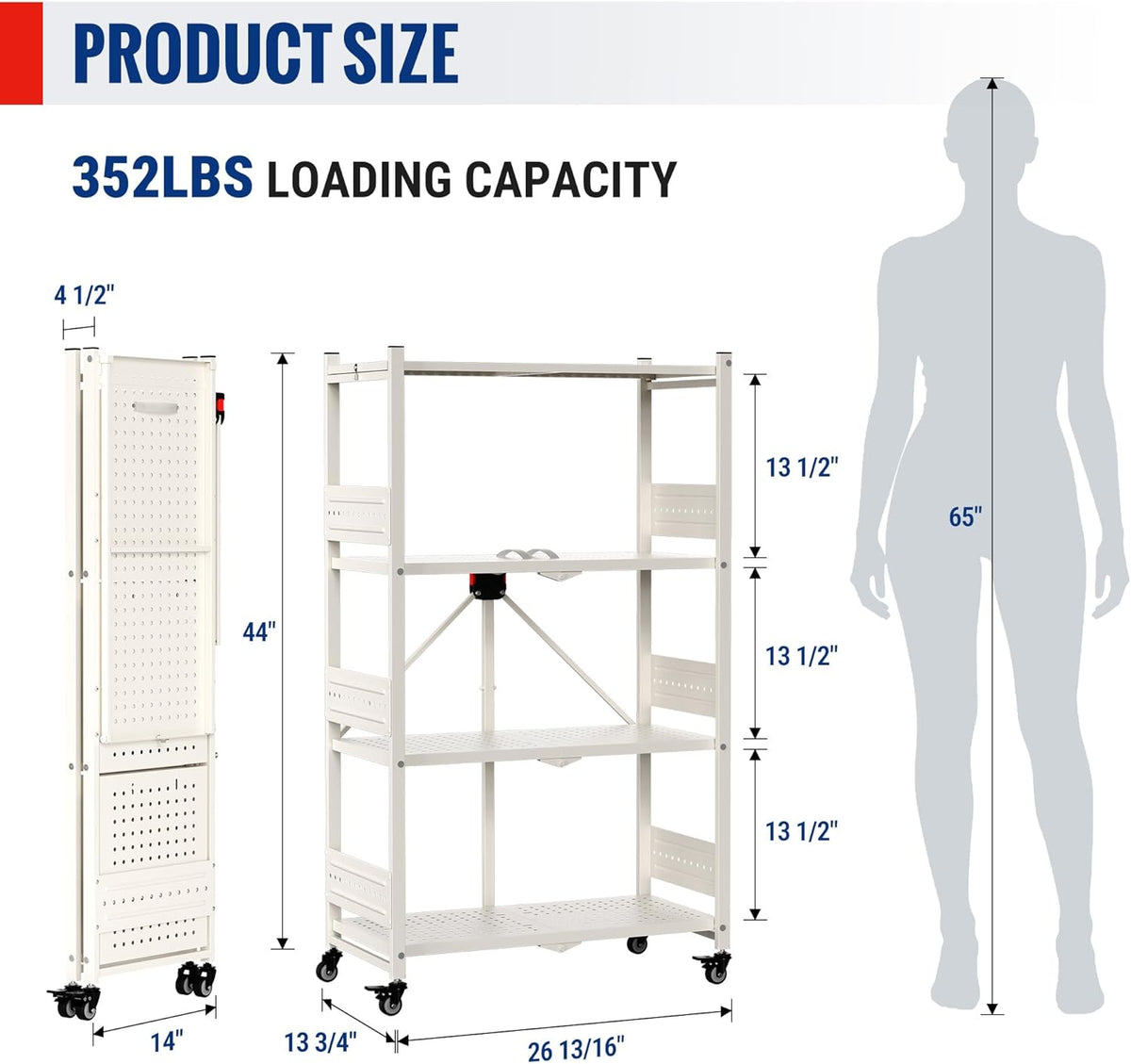White 4-tier folding storage rack size view with caster feet and vented shelves.