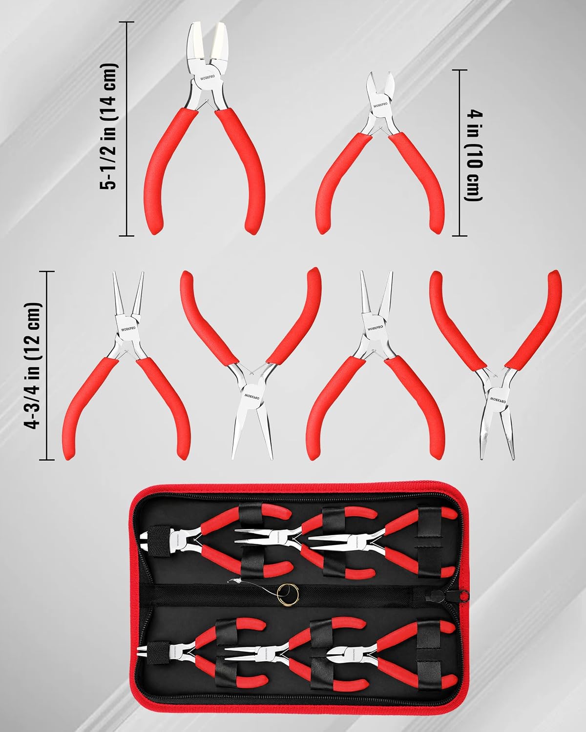 WORKPRO 7-piece jewelry pliers set with pouch, red and silver pliers shown with a black zip case