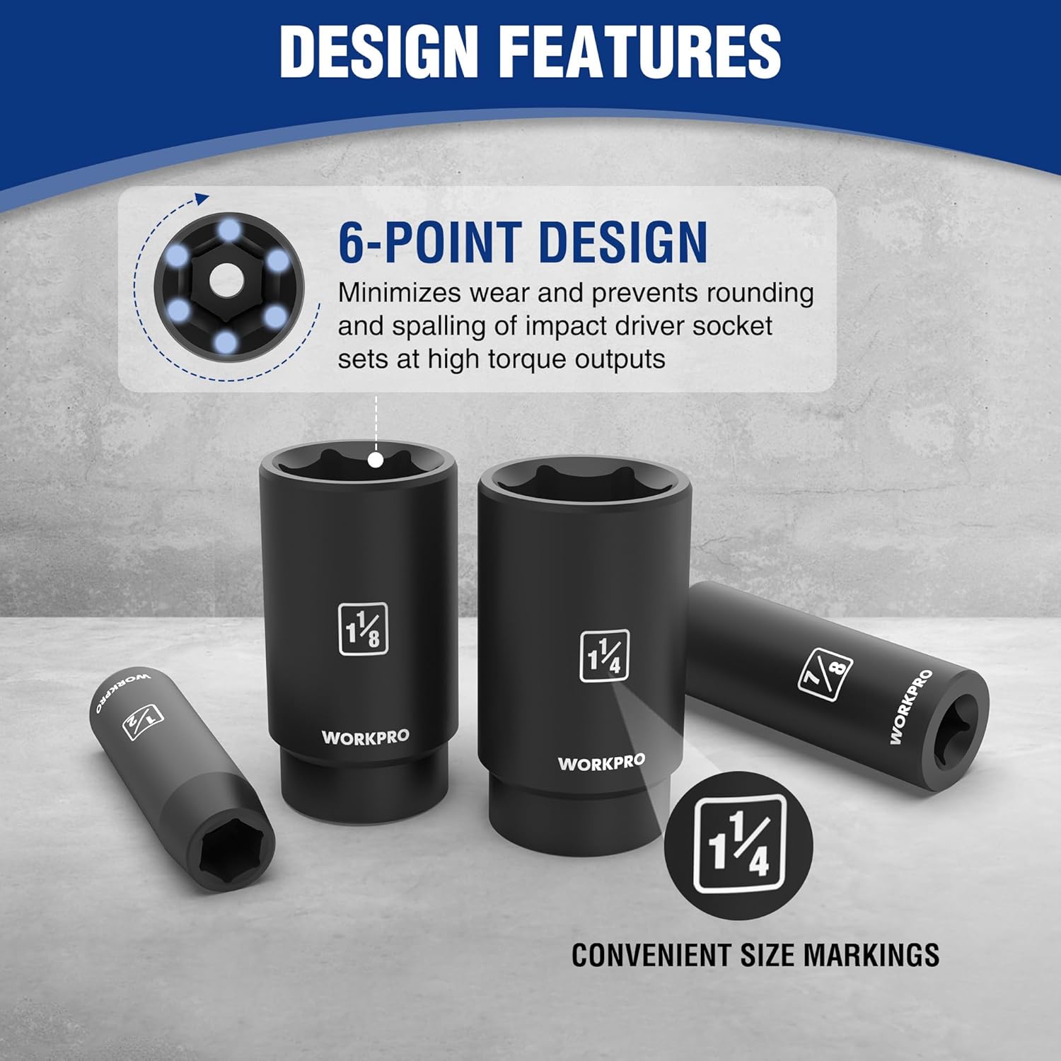 WORKPRO 6-point impact sockets with size markings, plus drive socket extension bar