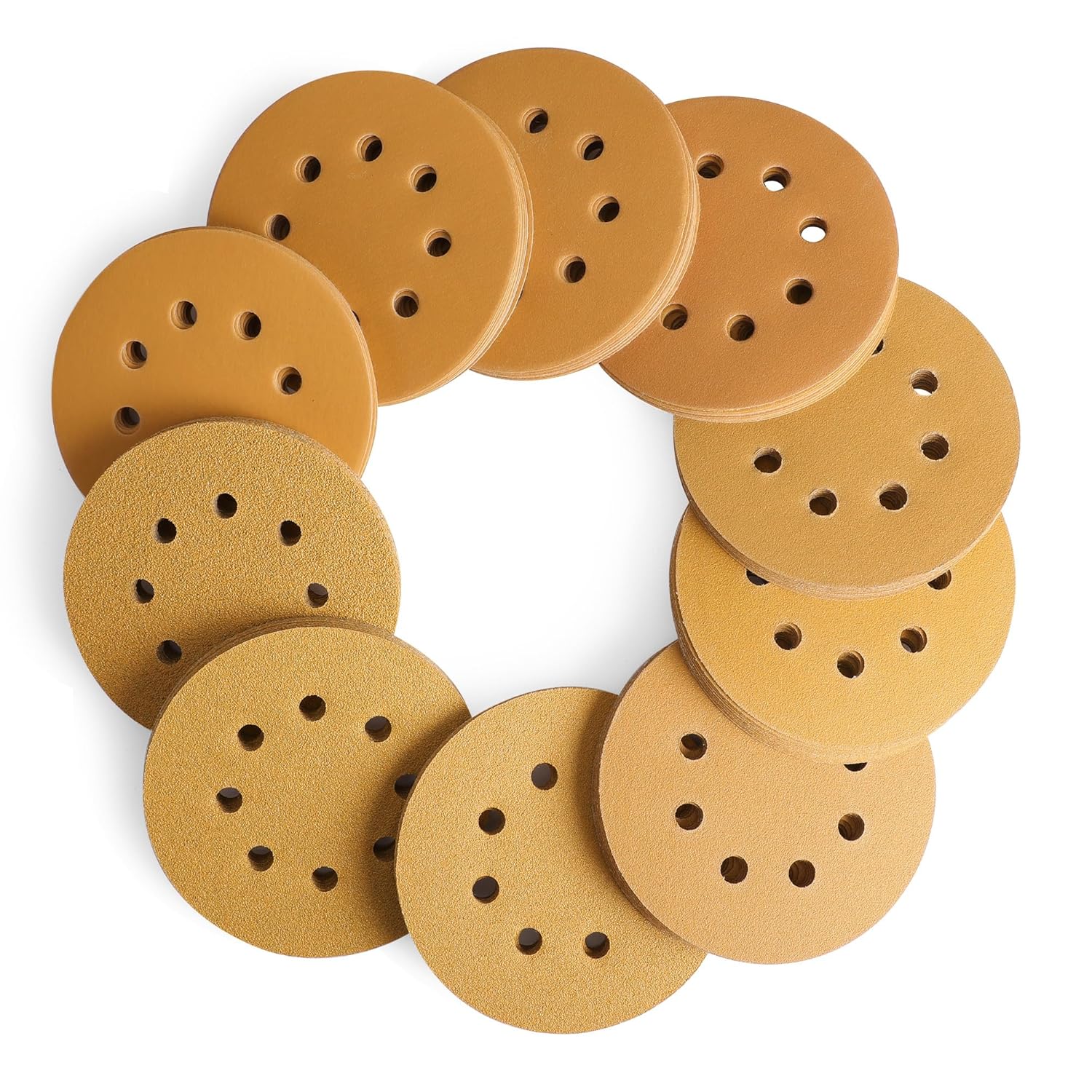 Gold hook-and-loop sanding discs set with 8 holes and round abrasive pads