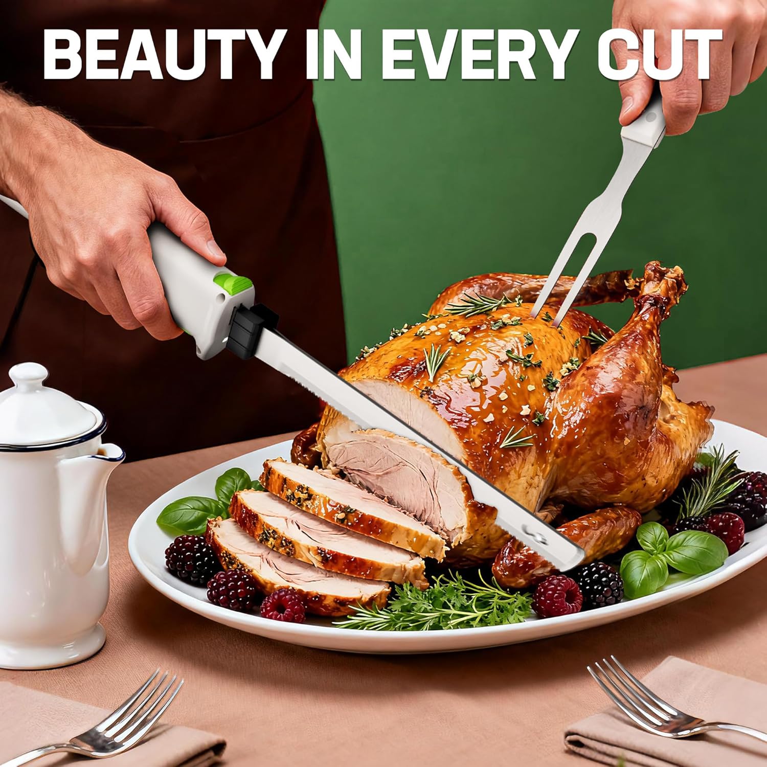 White cordless electric carving knife slicing roast on a serving plate