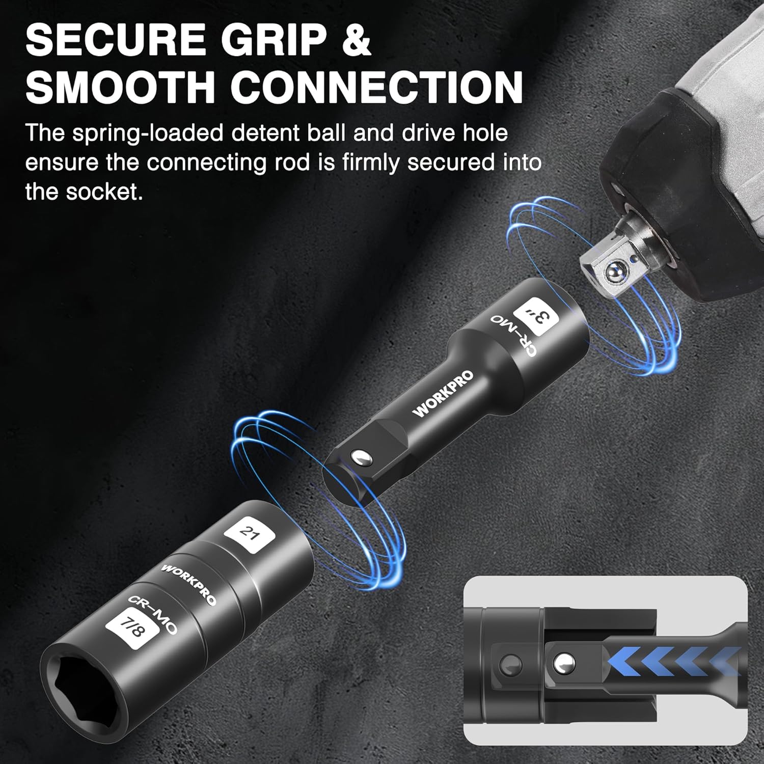 WORKPRO impact flip sockets with spring-loaded detent for secure drive connection