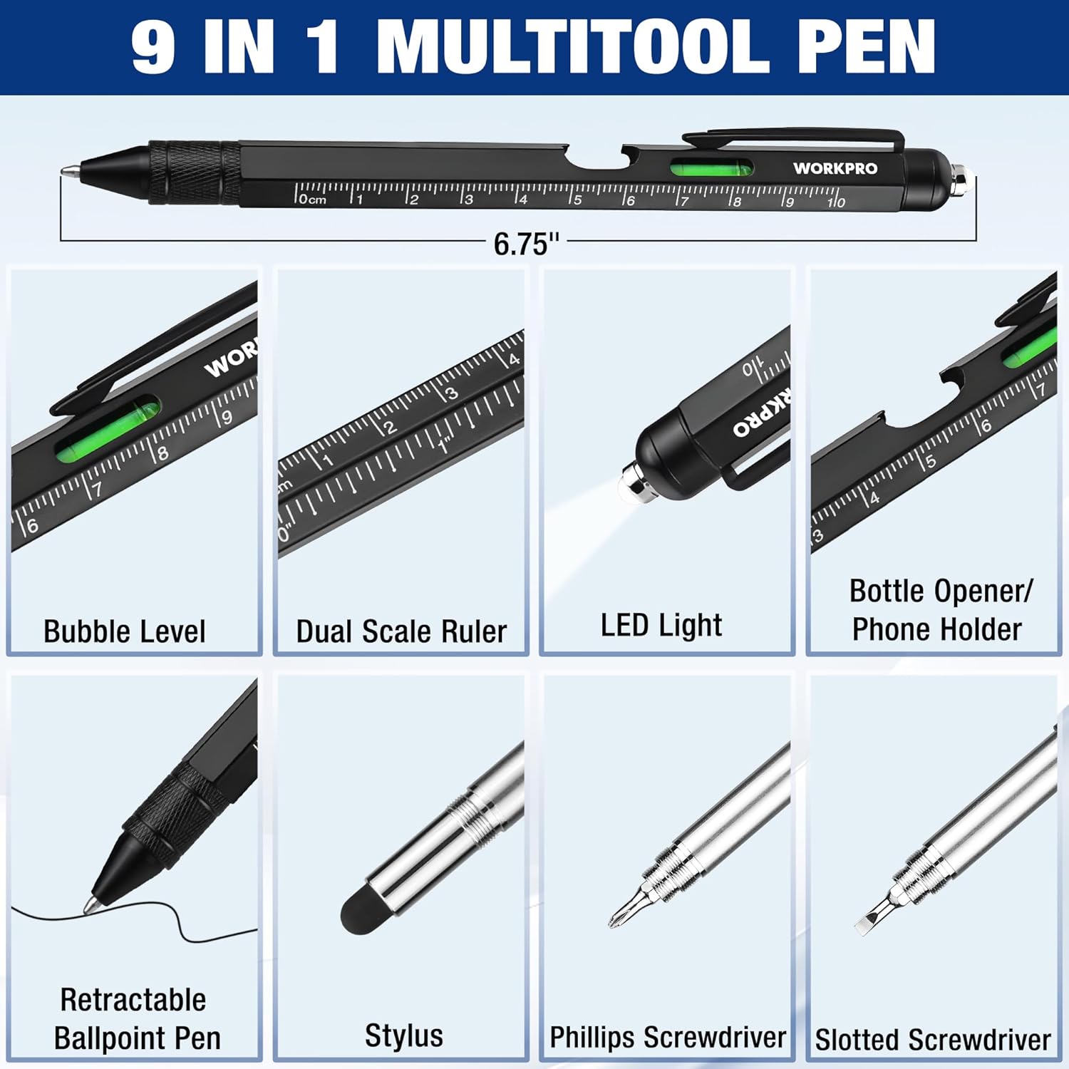 Black 9-in-1 multi-tool pen with LED light, bottle opener, dual scale ruler, level