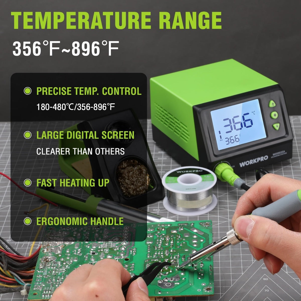 Soldering station showing temperature control with solder wire, circuit board, and ESD tweezers