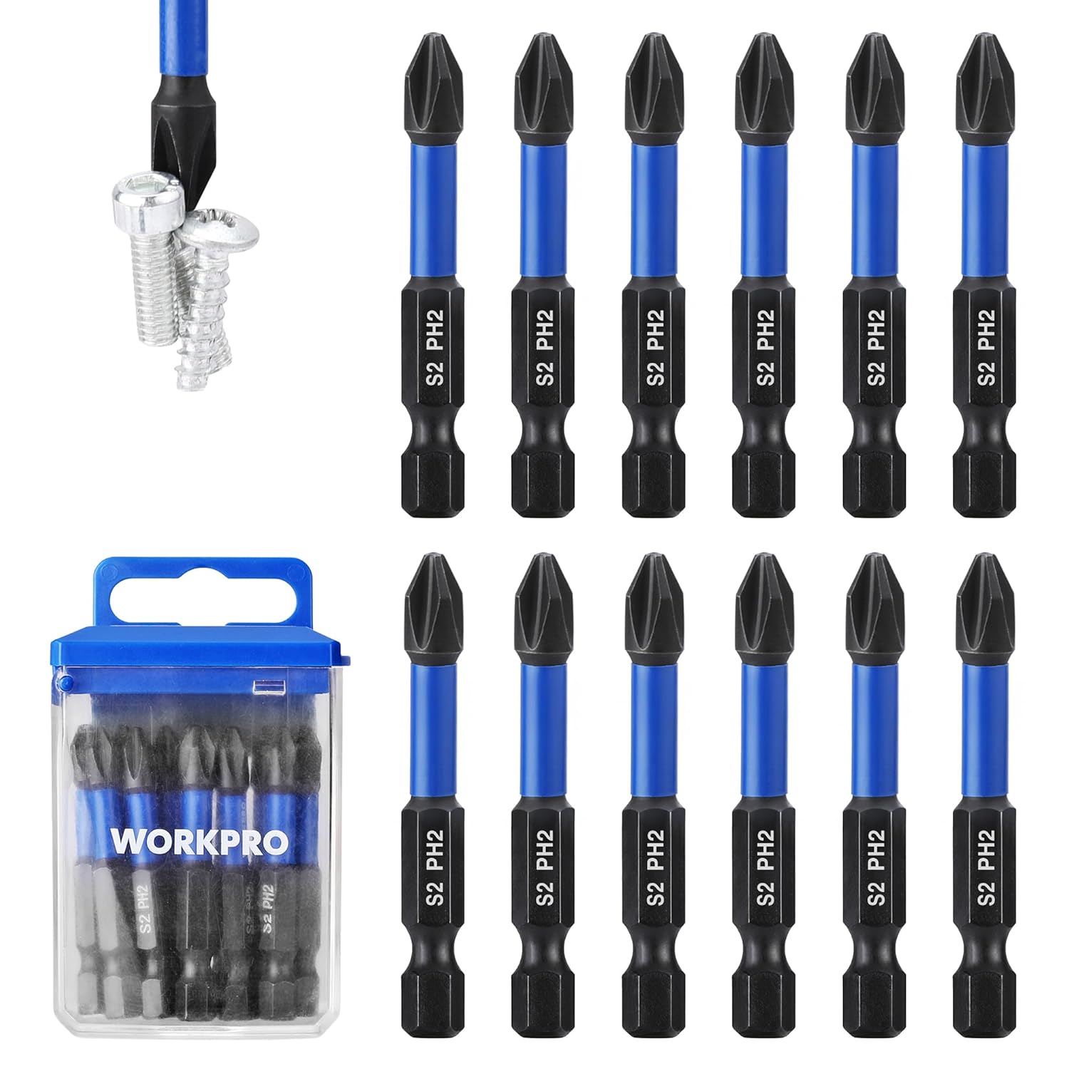 12-piece PH2 impact driver bits with 1/4 in hex shank and blue storage box