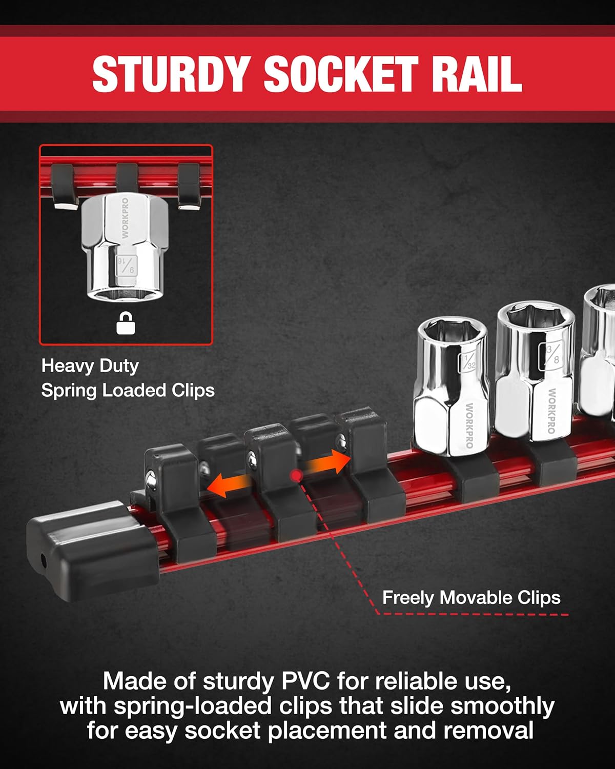 Durable PVC socket rail with spring-loaded clips for secure, movable fit