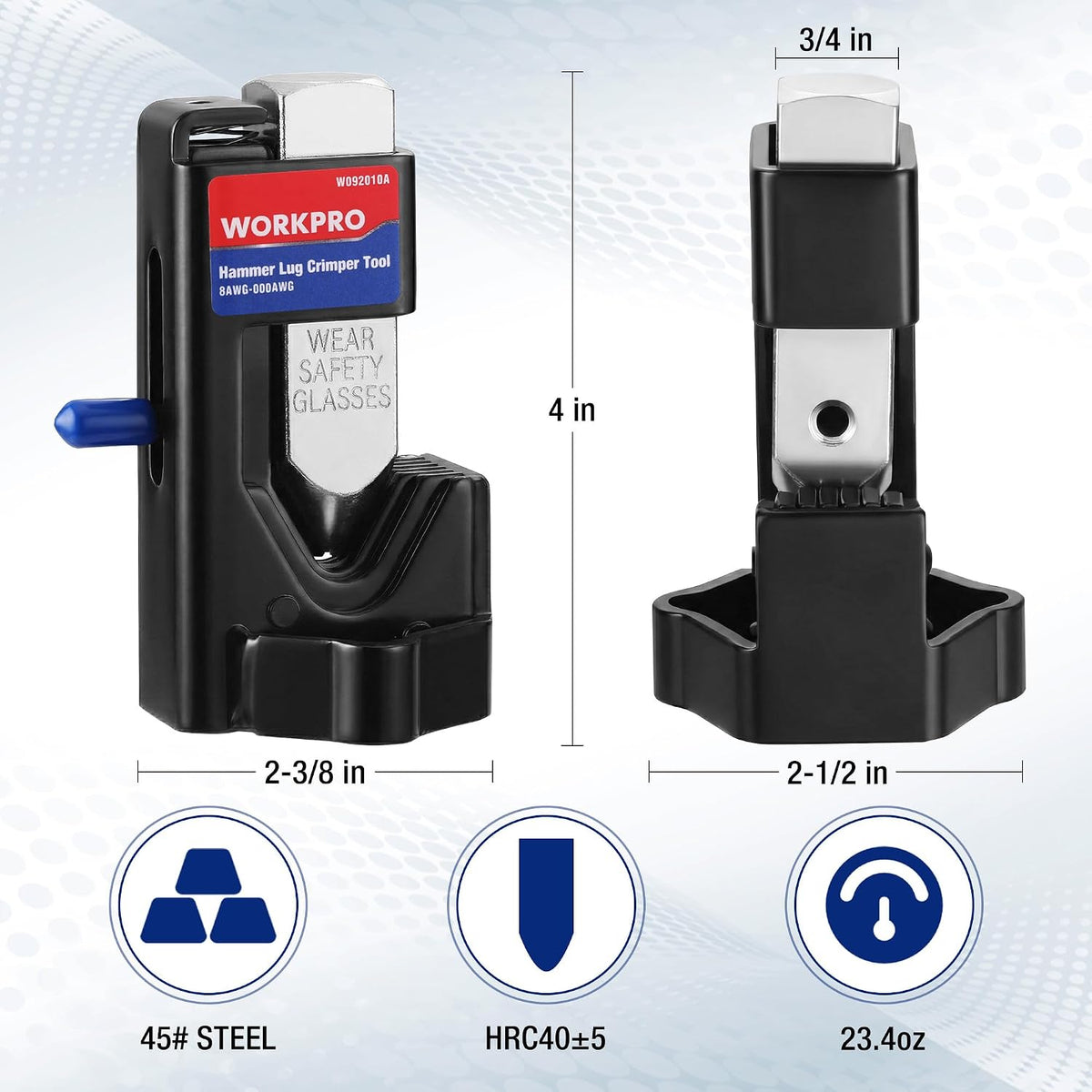 WORKPRO hammer lug crimper tool with blue lever; front and side views