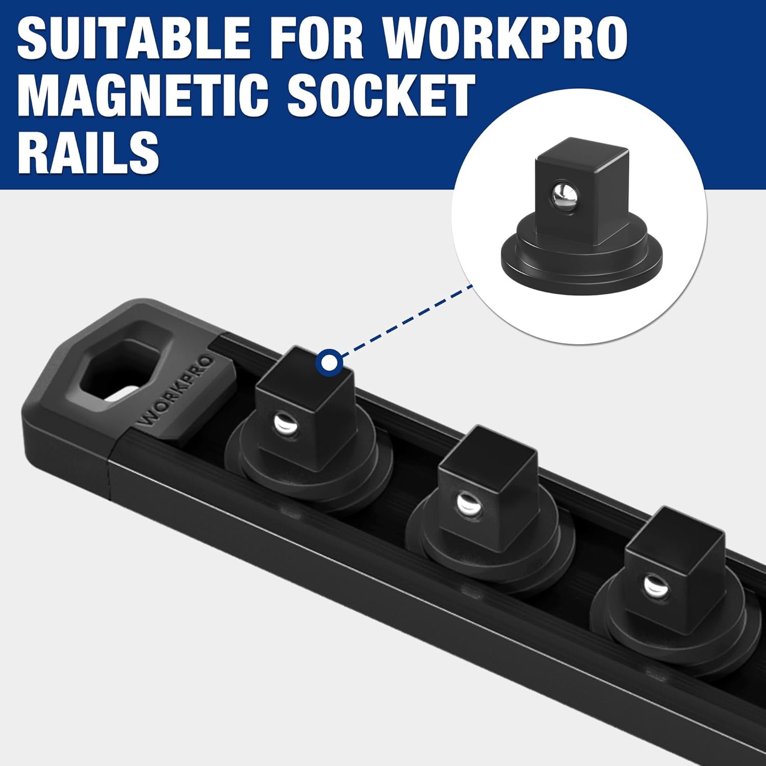 Black magnetic socket organizer clips mounted on a rail, bolt-hole heads