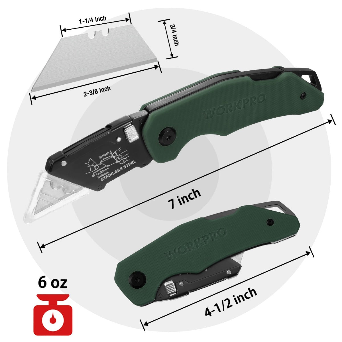 Green G10 folding utility knife with extended blade and measurement markings