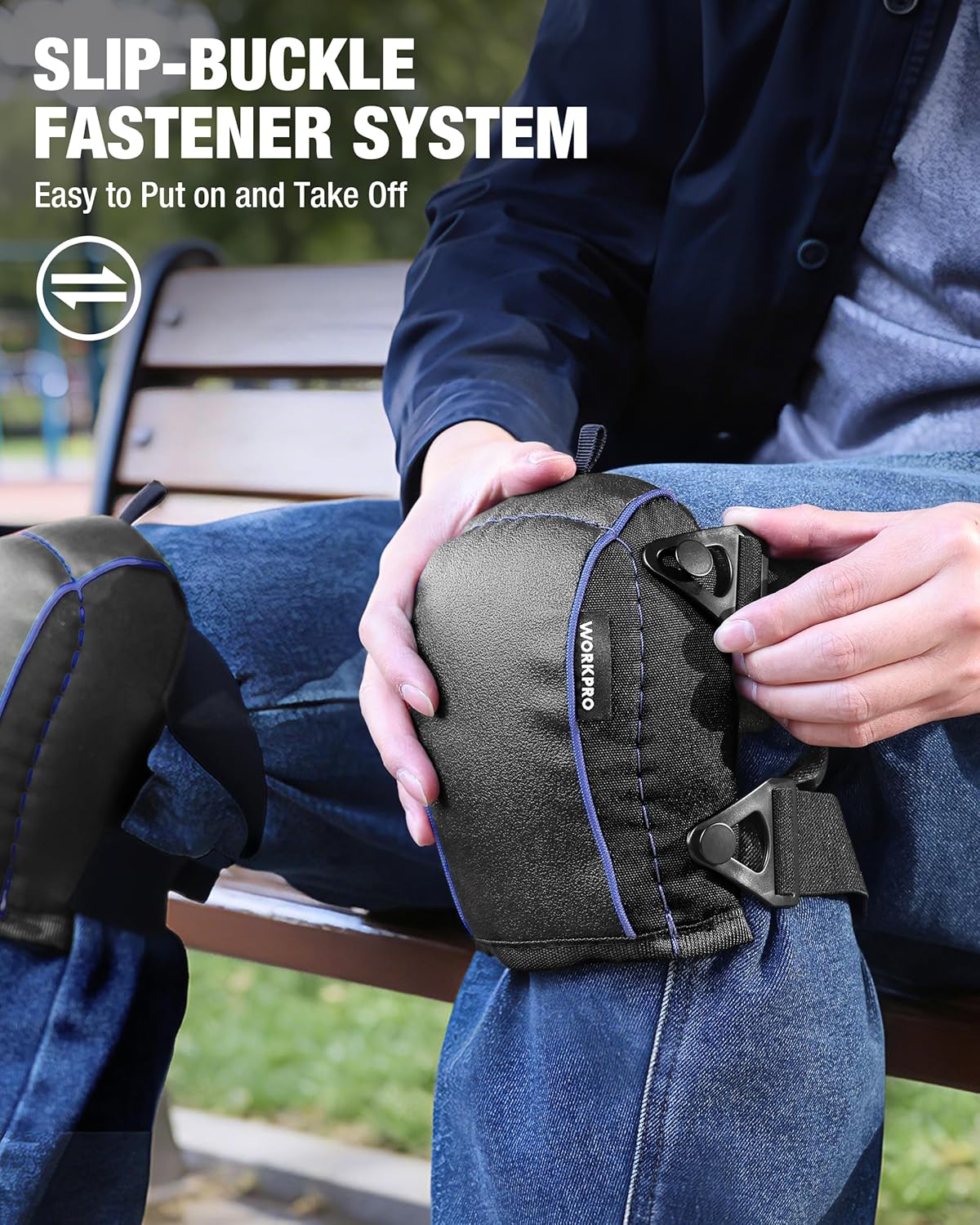 WORKPRO foam knee pad with slip-buckle fastener straps and blue trim stitching