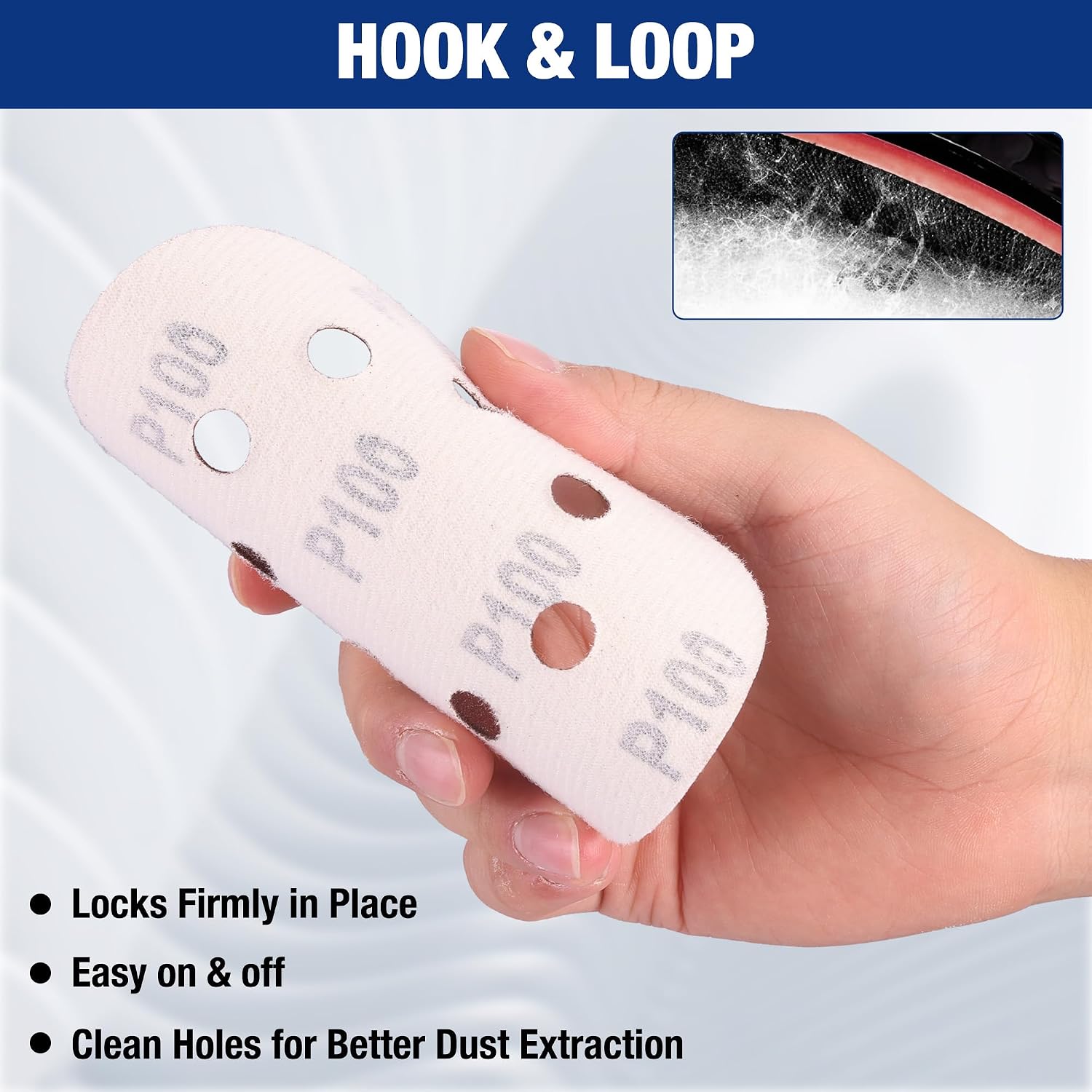 Hand holding hook-and-loop sanding disc backing, 8 holes, light color
