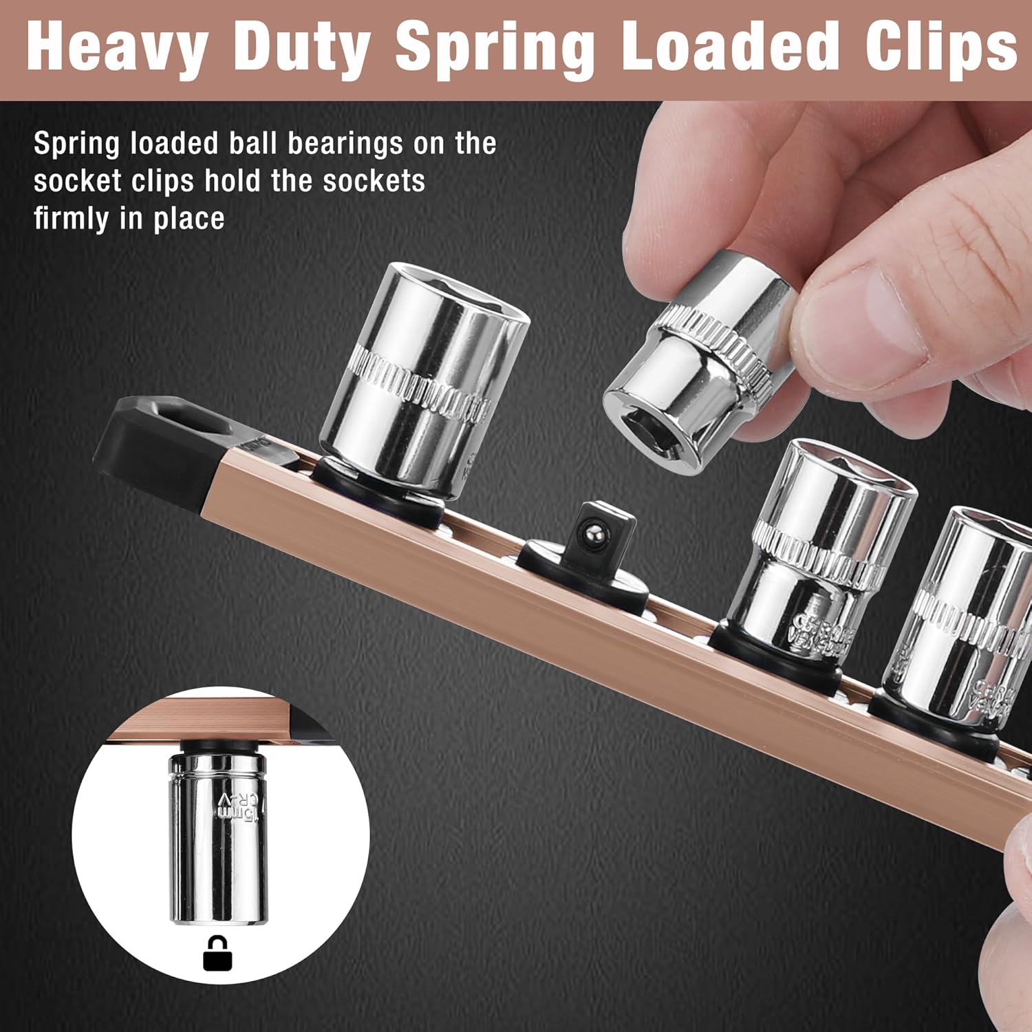 Magnetic socket holder rail with spring-loaded clips securing a socket