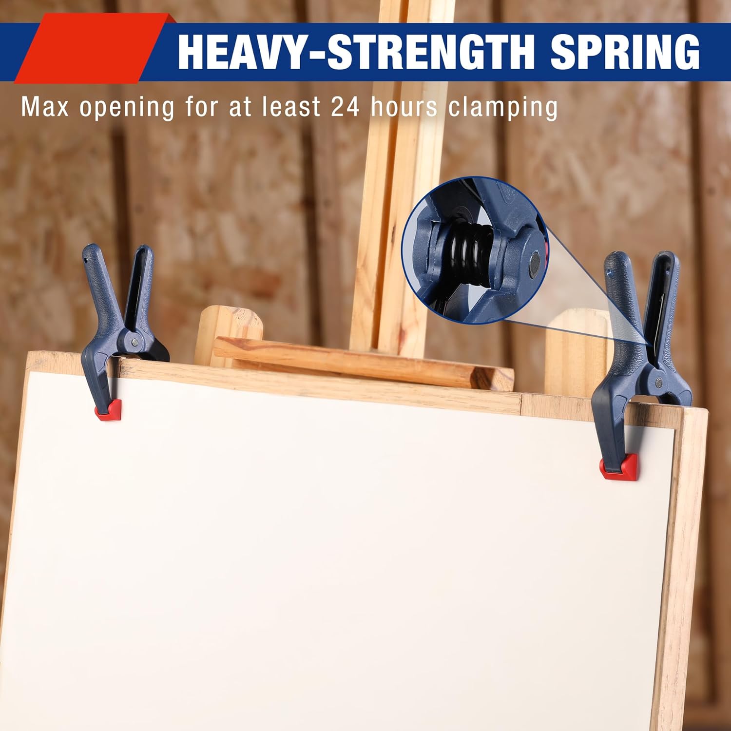 Nylon spring clamp with red tips holding a board tightly for longer clamping