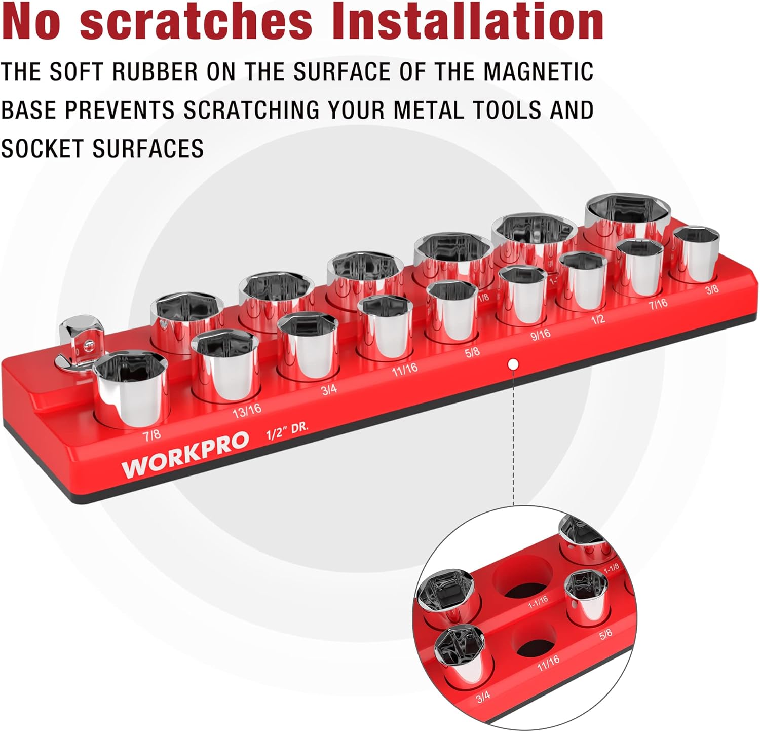 Red magnetic socket organizer with rubber-coated base to help prevent tool scratches
