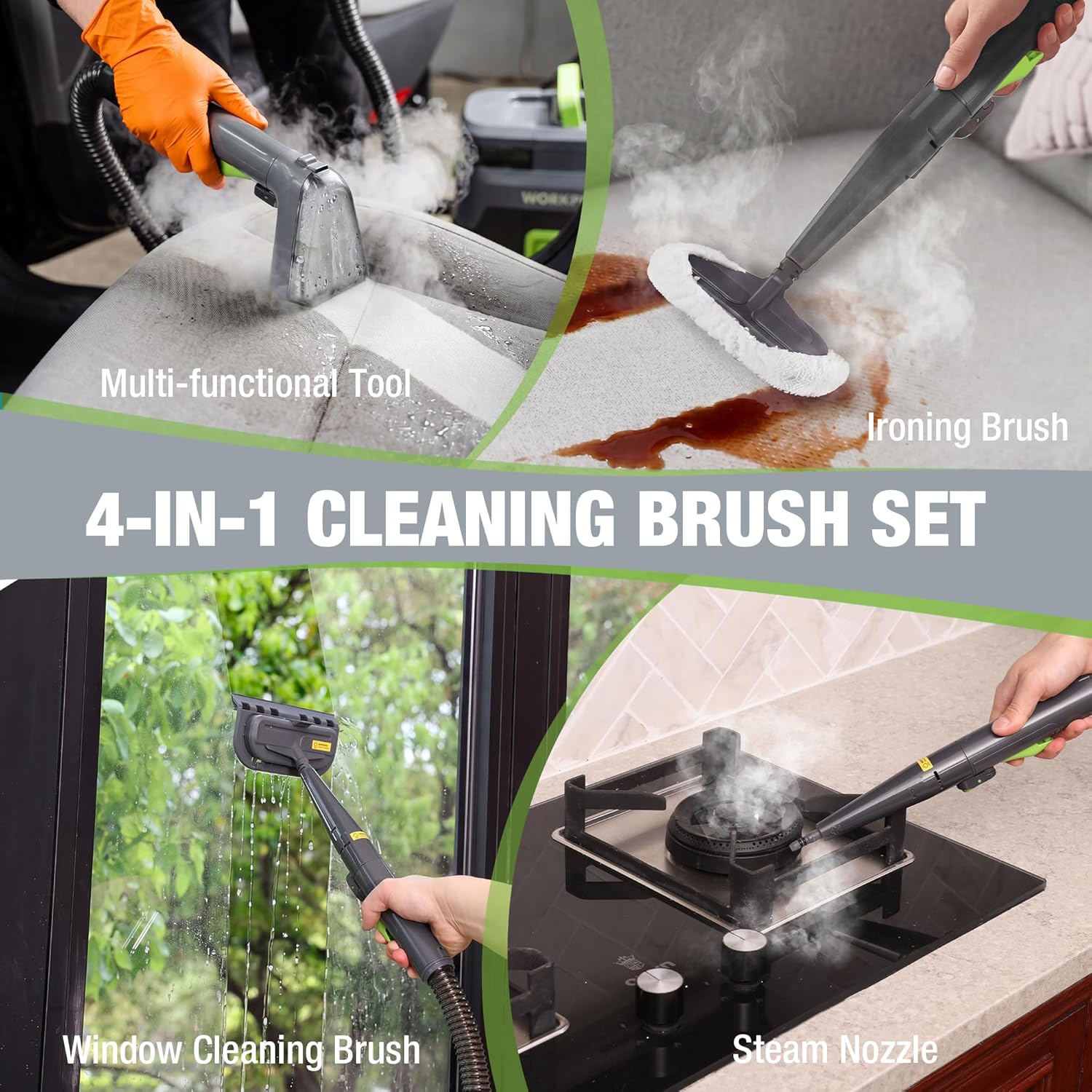 4-in-1 steam cleaner tool set with window brush, steam nozzle, and ironing brush